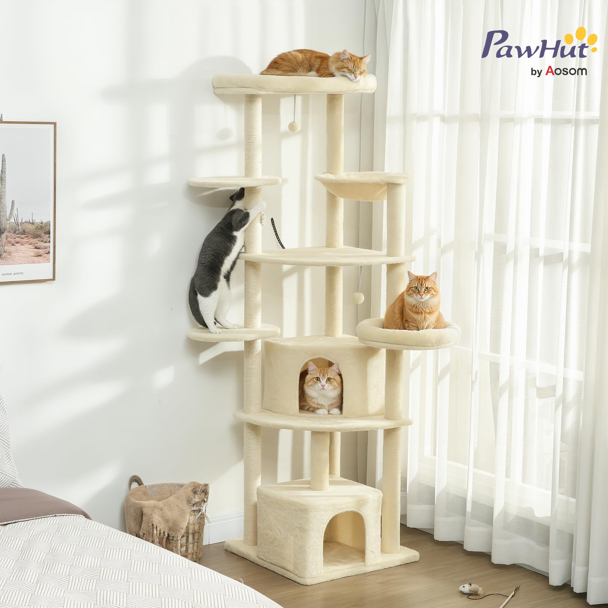 PawHut Tiragraffi per Gatti Alto 200 cm con 5 Pali Graffiatoi Sisal Beige | Albero per Gatti Adulti XXL Multilivello, 2 Grotte, 2 Cucce, Amaca, 2 Pompon, Piattaforme, Peluche, Torre per Gattini