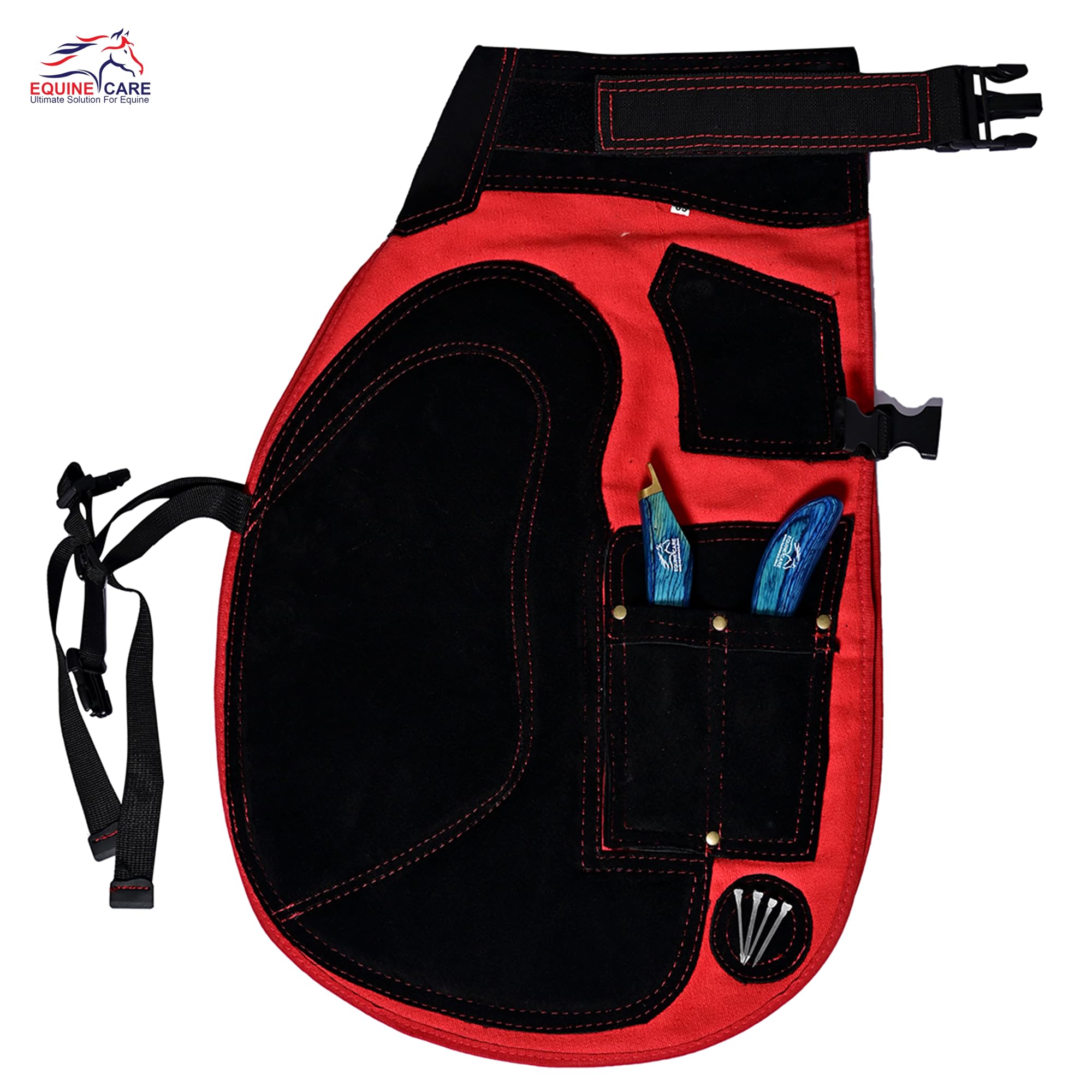 Equine Care Tablier Farrier Chaps en cuir de vache de 2 mm, toile 500 g/m², maille aérée, longueur 63,5 cm, taille réglable (71,1 à 132,1 cm), soutien ergonomique rembourré de mousse pour les cuisses
