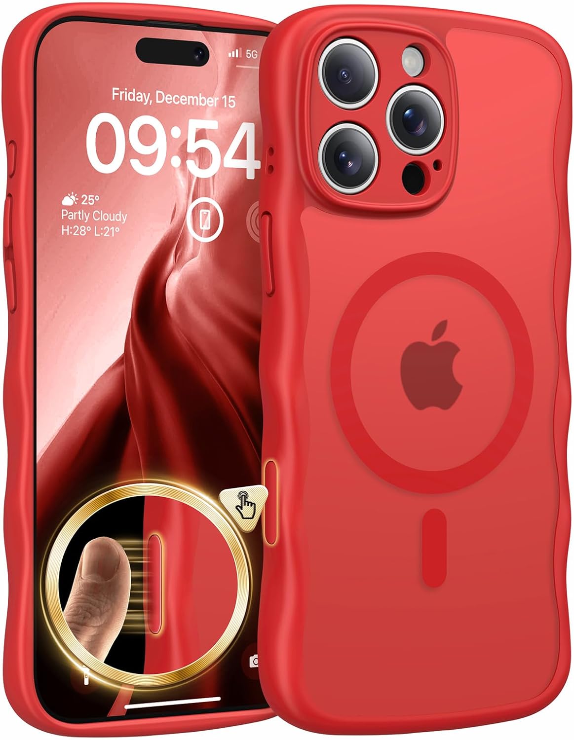 TAURI Magnetic for iPhone 16 Pro Case, Cute Wavy Design [Full Camera Protection] [Compatible with Magsafe] Anti-Slip Translucent Matte Case for iPhone 16 Pro for Women Girls, Red for iPhone 16 Pro Bright Red