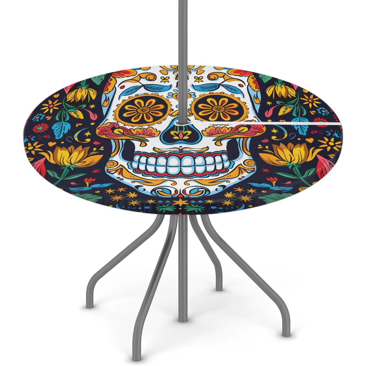 Tablerazzi Sugar Skull Mexican Round Outdoor Tablecloth with Umbrella Hole and Zipper Day of The Dead Halloween Fitted Tablecloth Wipeable Table Cover for Picnic Garden, 36''-44''