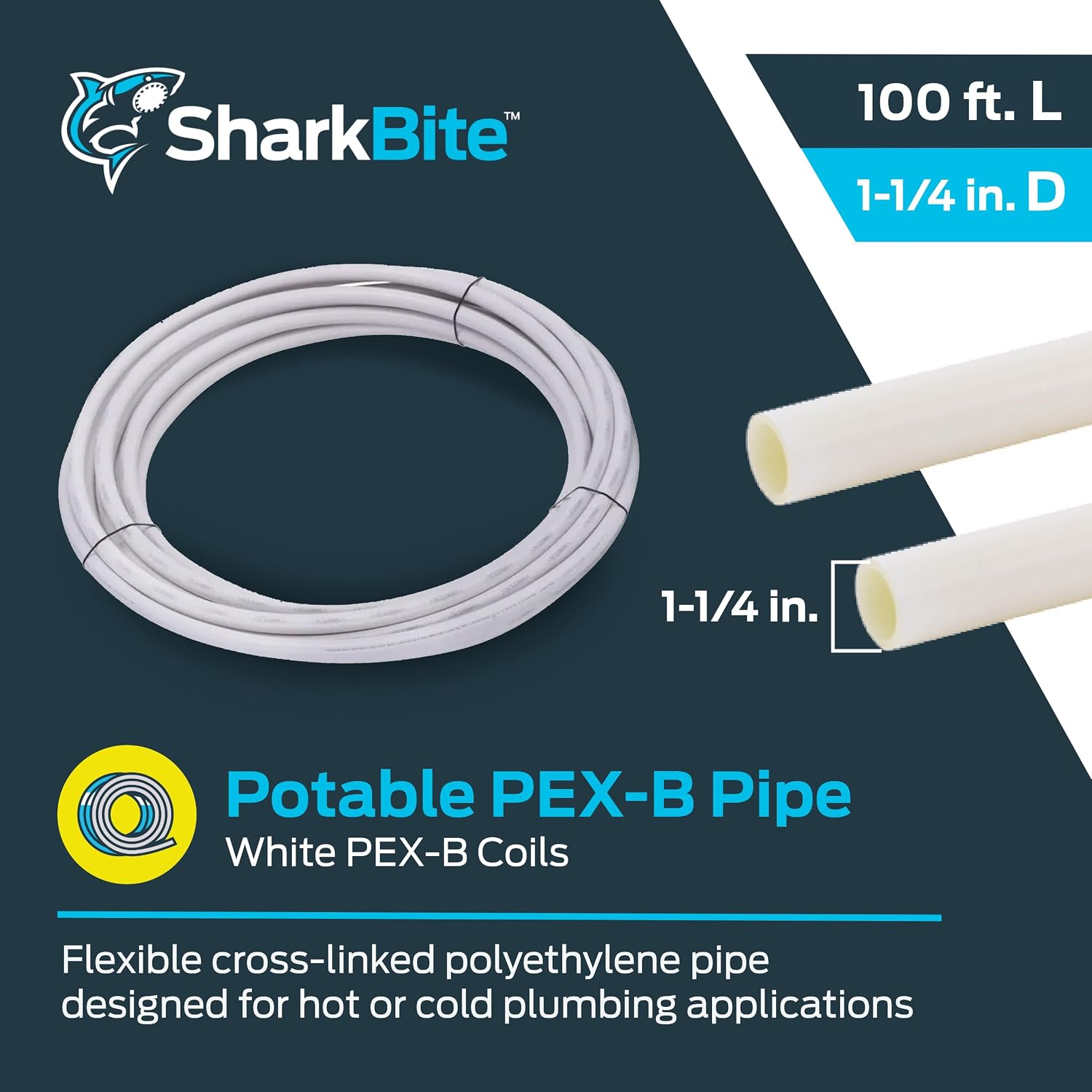 SharkBite 1-1/4 Inch x 100 Feet White PEX Pipe Flexible Water Tubing for Plumbing, PEX-B, U885W100