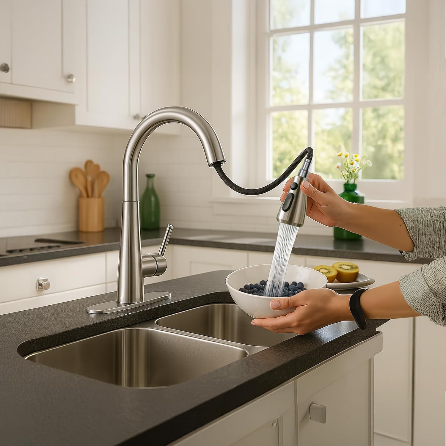 High Arc Pull Out Kitchen Faucet, Brushed Nickel Faucet, 1 or 3 Holes Kitchen Sink Bar Faucets with Pull Down Sprayer