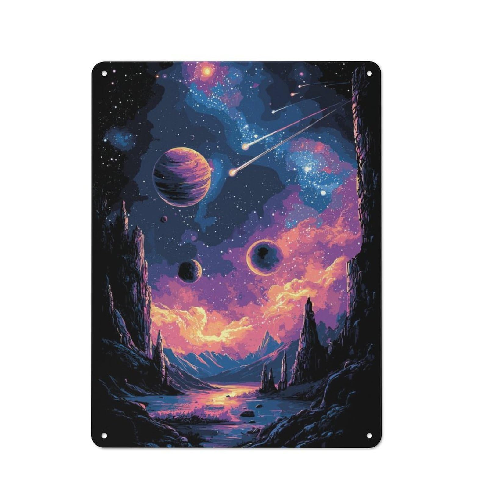 Junmoney Pixelated Space Landscape Retro-Style Metal Plaque 40X30cm For Garage Or Workshop, For Garage, Workshop And Man Cave Decoration