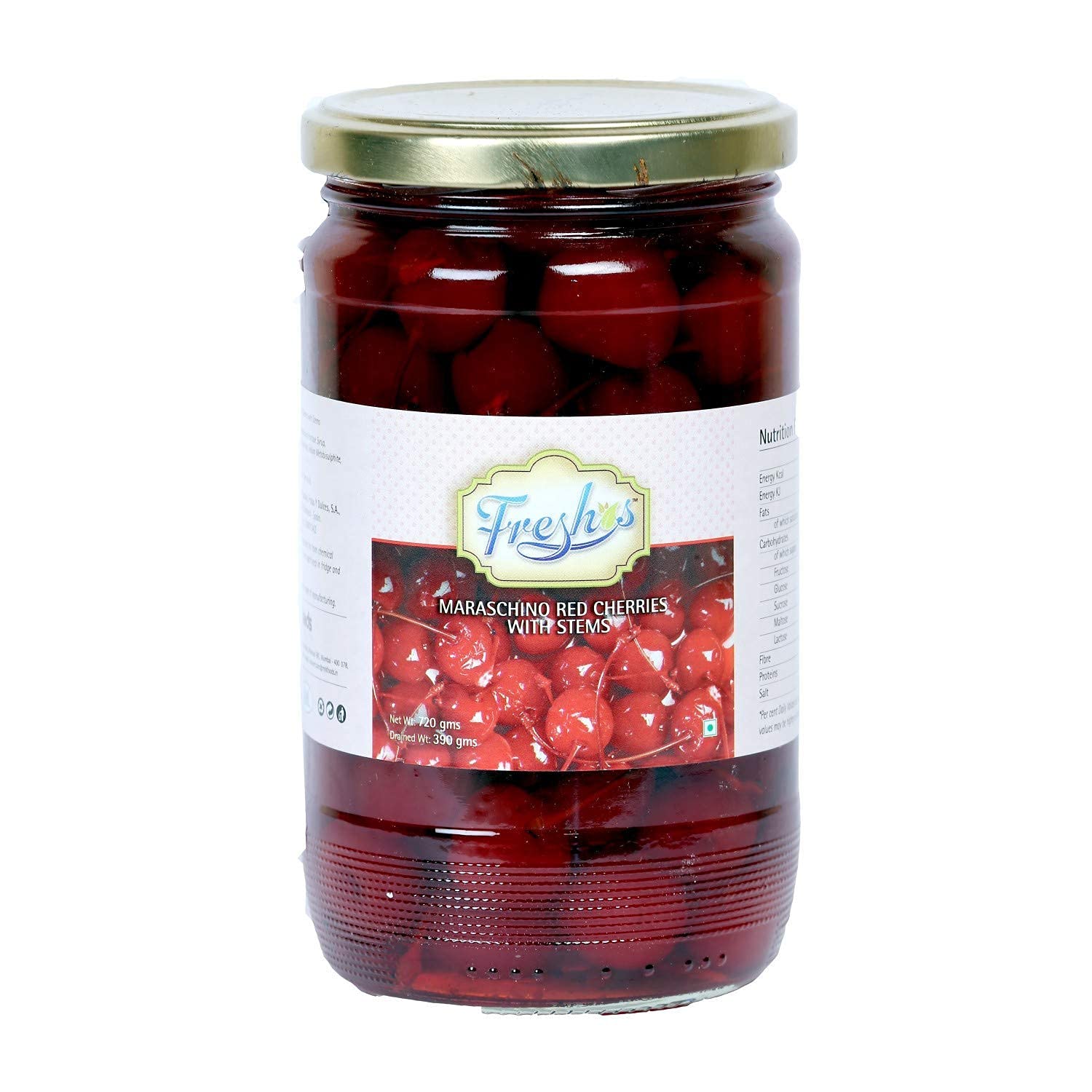 Freshos Maraschino Red Cherries with Stem, 720 ml, Red & White, Medium