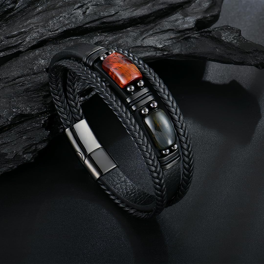 Mens Leather Bracelet Natural Tiger Eye Protection Multilayer Braided Wristband Bangle Gifts for Him
