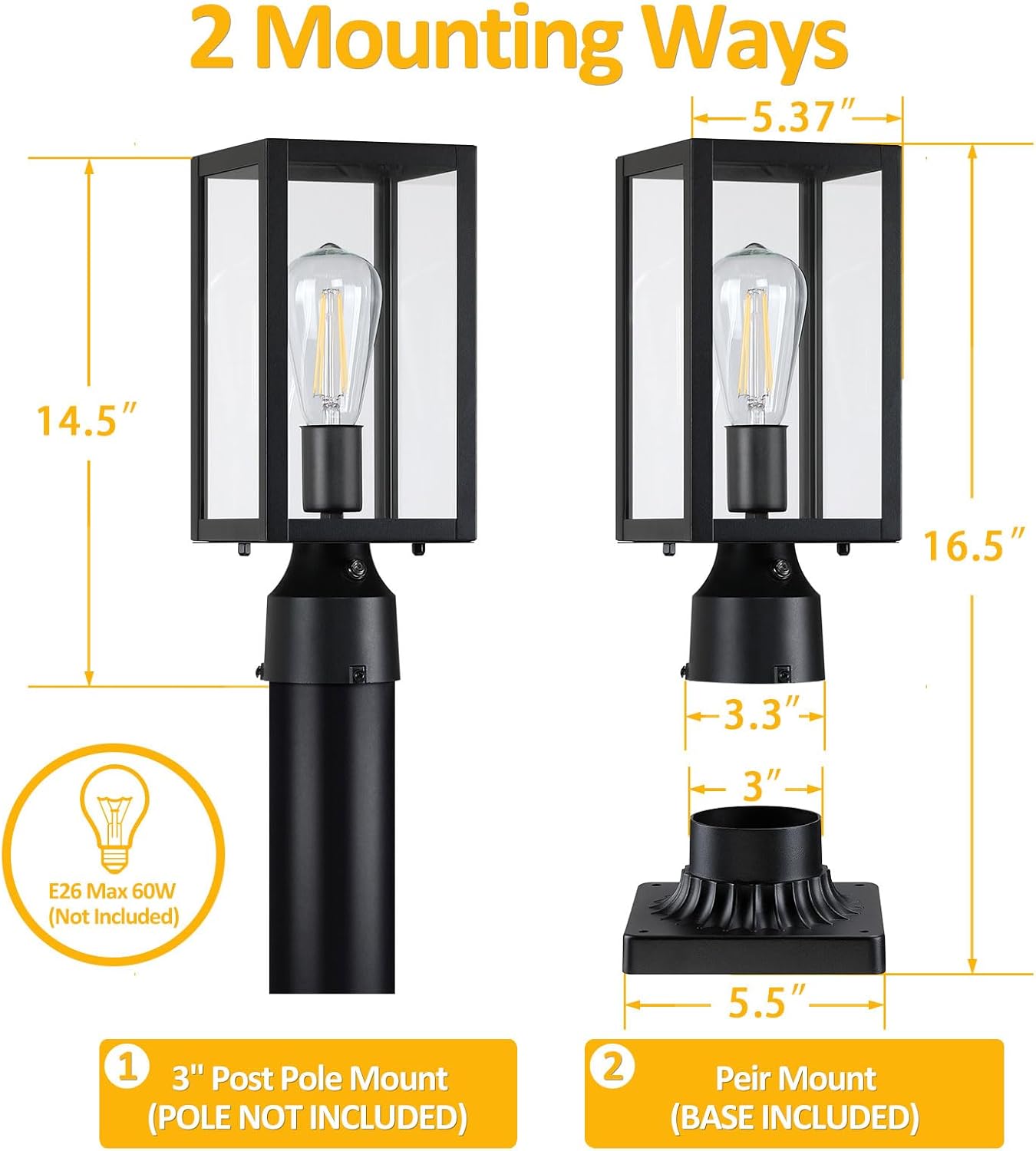 Dusk to Dawn Outdoor Post Lights with Pier Mount Base, 2-Pack Modern Lamp Post Light Fixture Waterproof Pole Lights Outdoor Column Lights Exterior Post Lantern with Clear Glass for Garden Patio