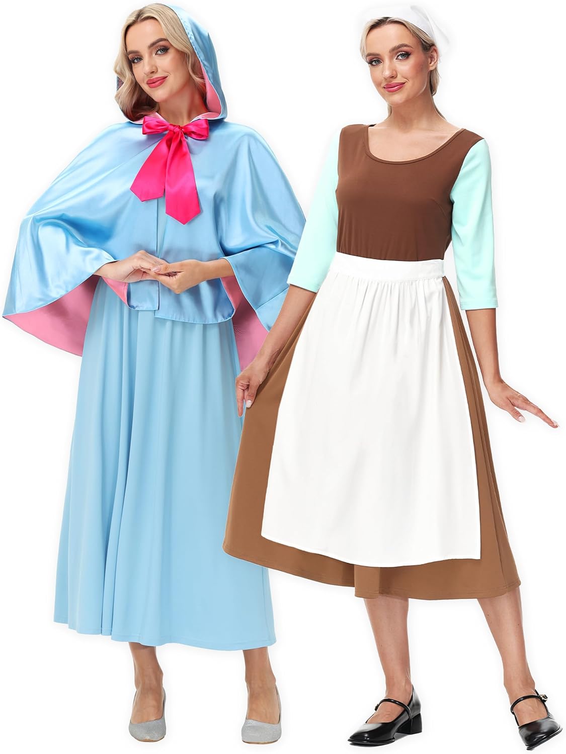 Deerose Women Halloween Godmother 2PCS Costume Sleeveless Maxi Dress Blue Hooded Cloak Outfits