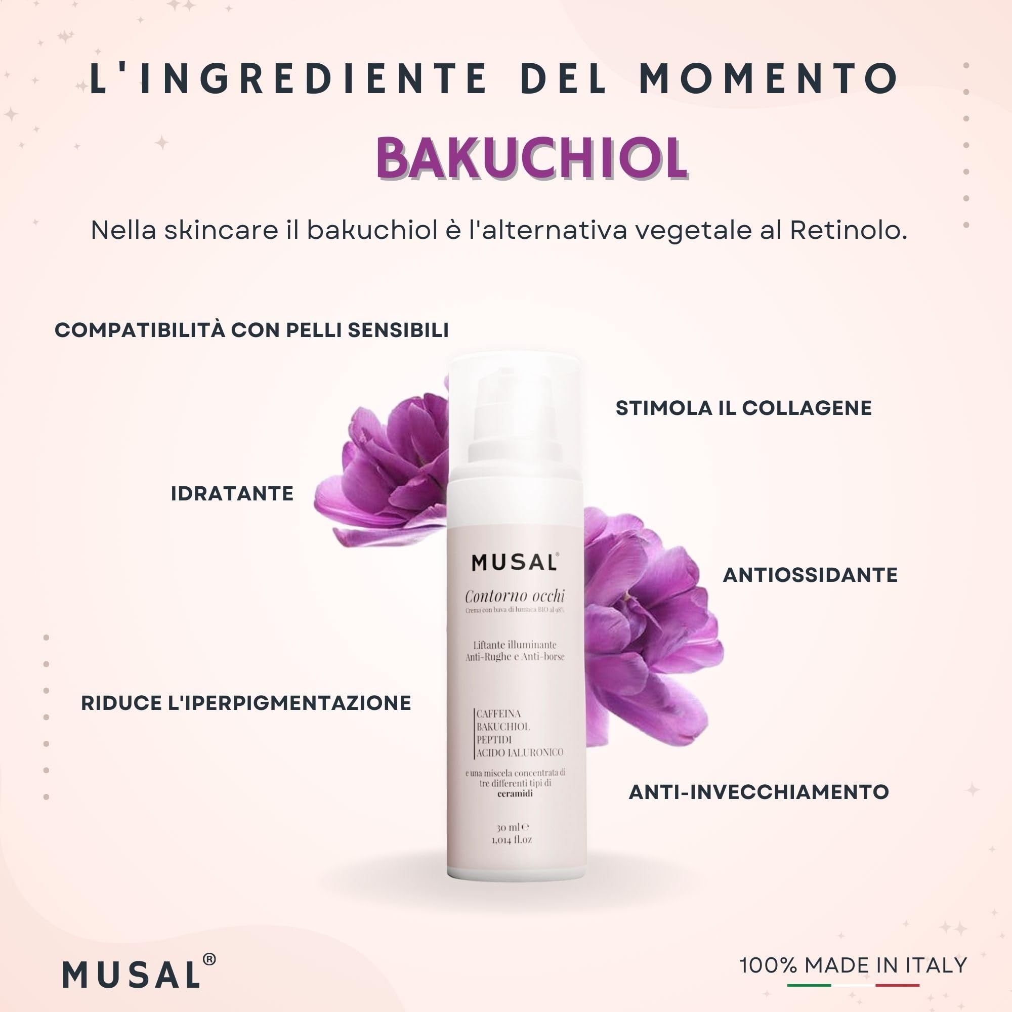 MUSAL Crema Borse e Occhiaie, Contorno Occhi Antirughe Istantaneo con Bava di Lumaca, Acido Ialuronico e Bakuchiol per Uomo Donna 30ML