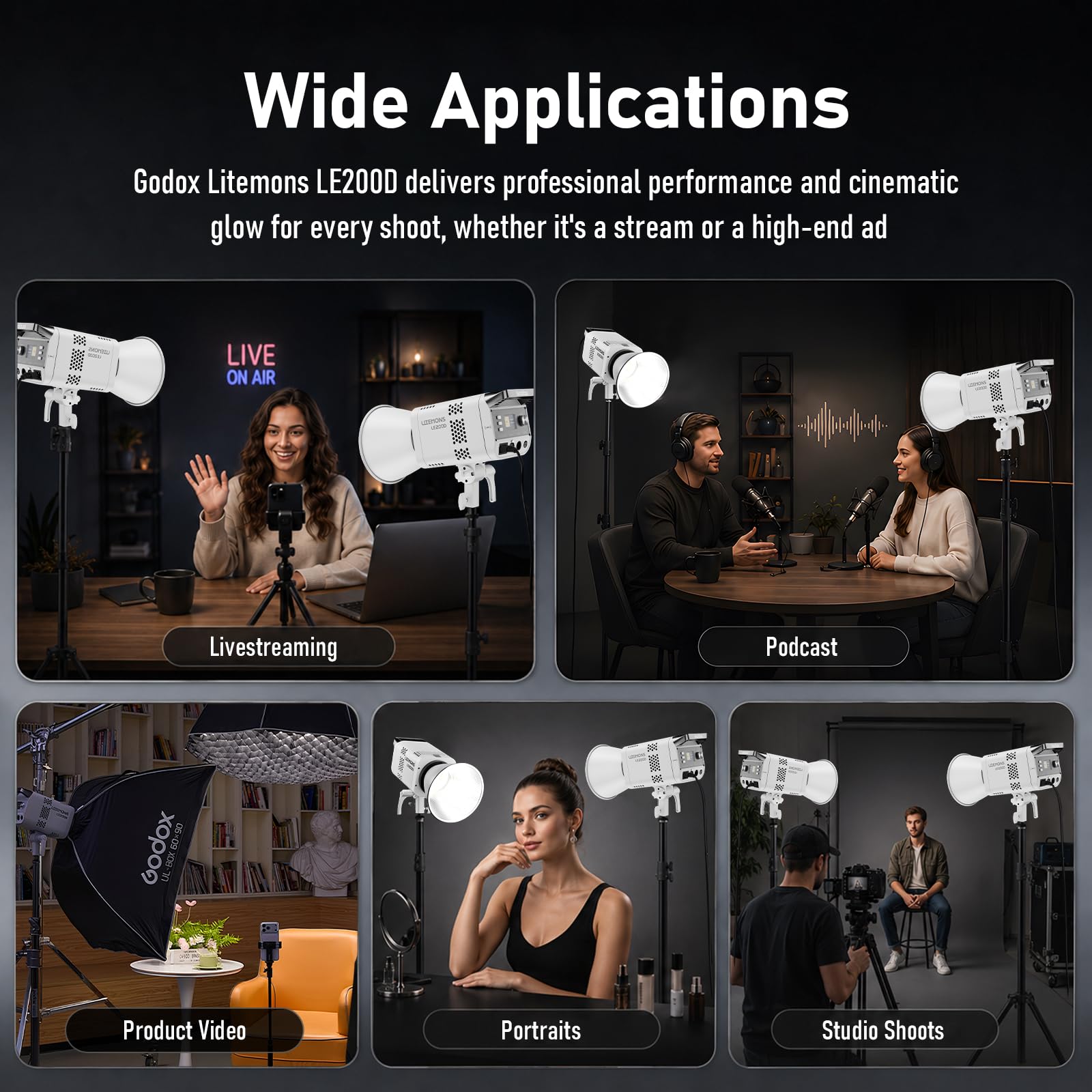 Godox 2-Pack Litemons LE200D LE200 D Éclairage Vidéo LED 200W 63500 lux/1m 5600K TLCI≈97 CRI≈96 Commande Bluetooth 7 Effets Spéciaux avec Monture Bowens Éclairage Videolight pour Le Streaming(Blanc)