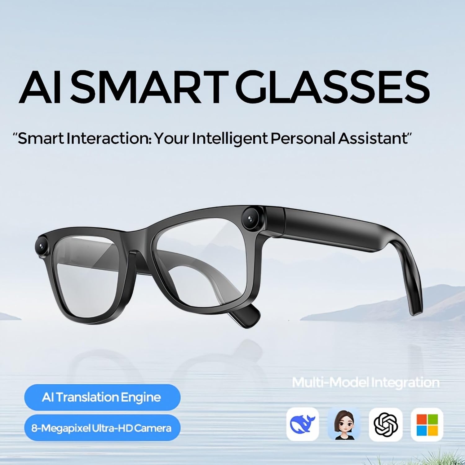 AI Smart Glasses Recording with 8MP Camera,1080P Anti-Shake Video
