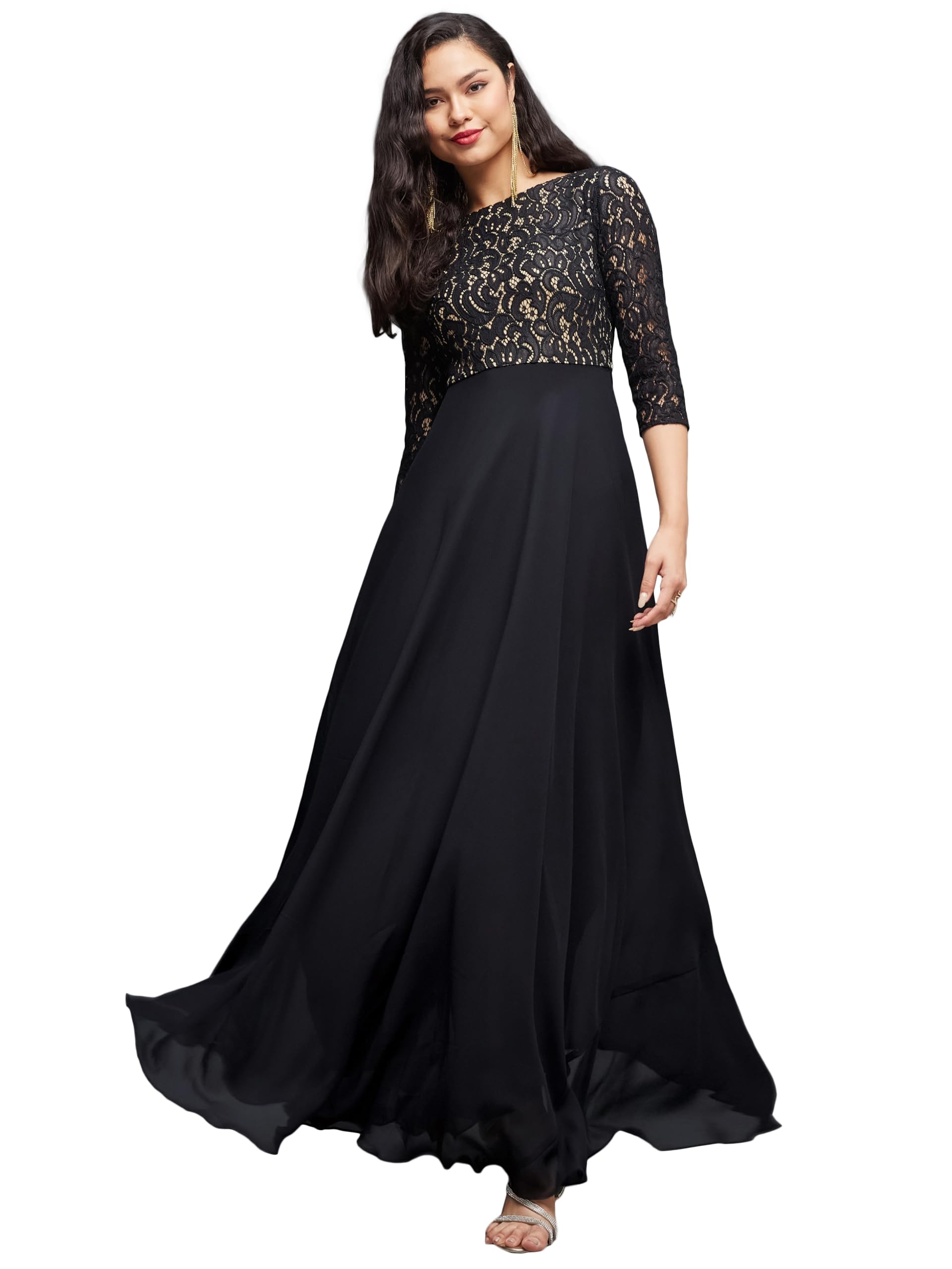 Miss Chase Women's Self Design Boat Neck 3/4 Sleeves Side Pocketed Georgette Fit And Flare Maxi Length Dress (Mcss23D16-39-62-06, Black, Xl)