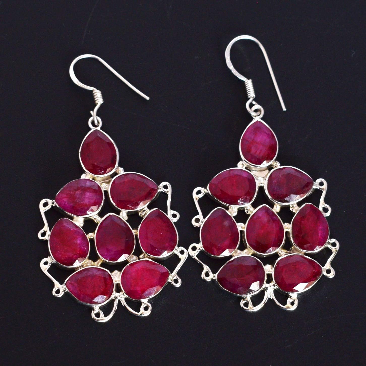 Corundum Ruby Dangle Earrings 925 Sterling Silver Red Gemstone Women Fine Jewelry Ear Wire Closure Elegant Drop Design Handmade Lightweight Festive Party Wear Accessory image 2