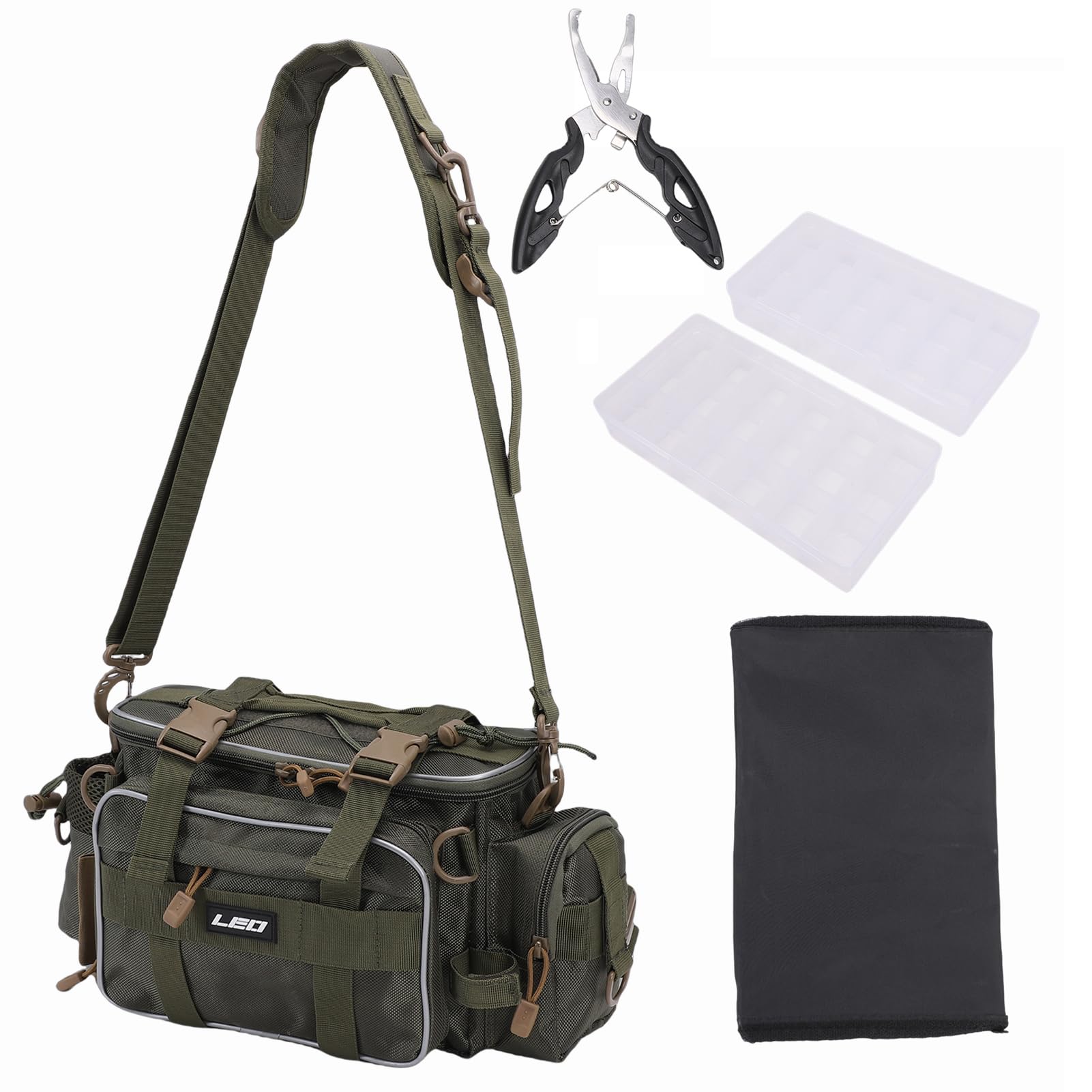 doorslay Fishing Tackle Bag with 2 Storage Boxes, Watertight Shoulder Bag with Adjustable Straps, 23-Tray Organizer for Lures, Hooks & Fishing Gear Accessories (Green Set)