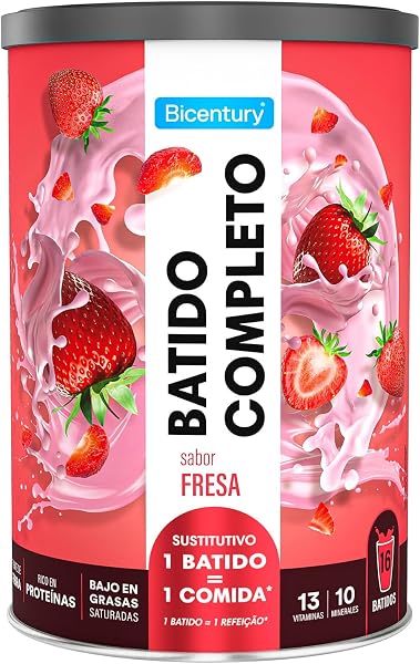 Bicentury Batido Completo Sustitutivo de Comida Sabor Fresa, Rico en Proteínas, Bajo en Grasas, Un batido equivale a una comida completa, 436 g, 16 raciones - 1