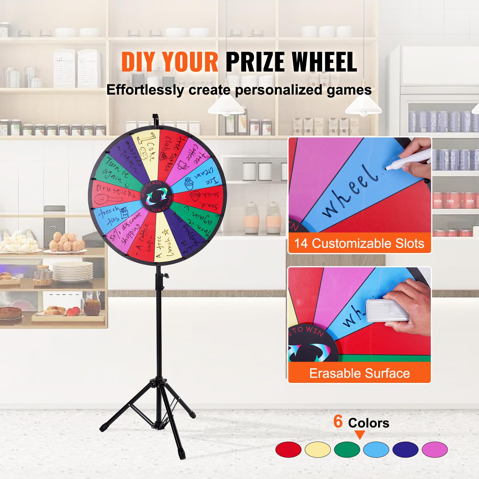 Happybuy 24-Inch Spinning Prize Wheel, 14 Slots with Height Adjustable Stand, Dry Erase Roulette Wheel, Ideal for Party, Trade Show, Carnival