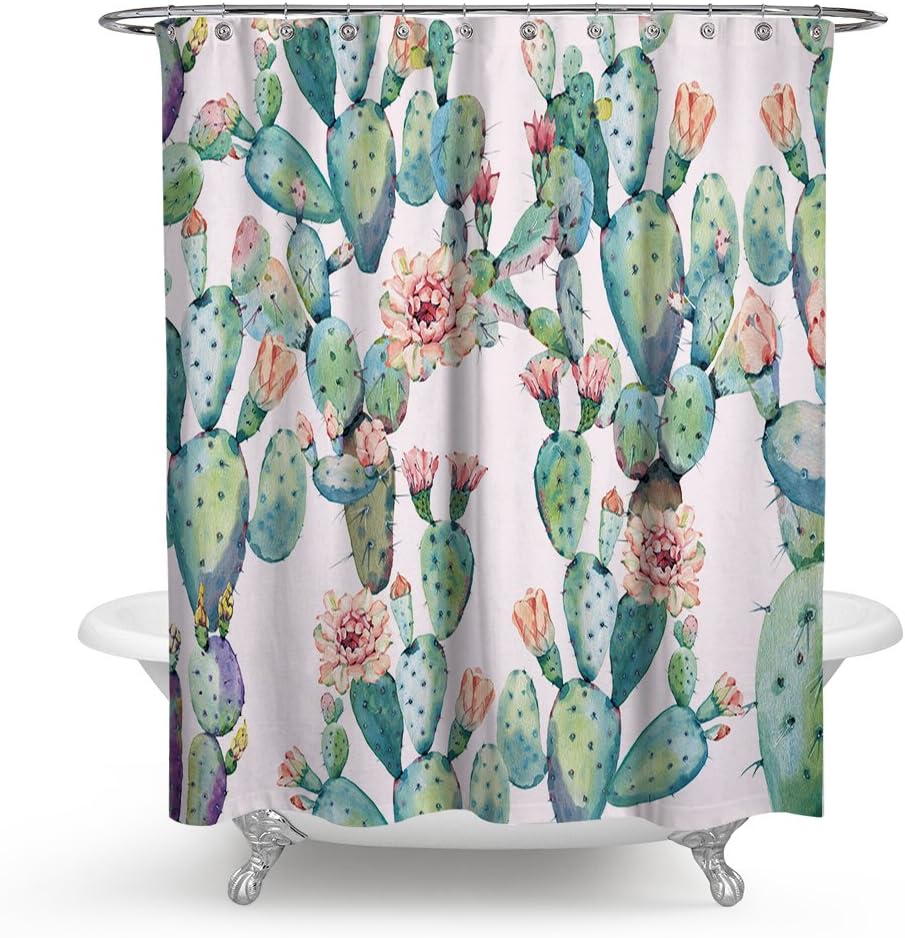 KISY Tropical Green Plants Cactus Waterproof Bath Shower Curtain Pink Cactus Petal Flower Bathroom Shower Curtain Standard Size 70" x 70",Pink Green