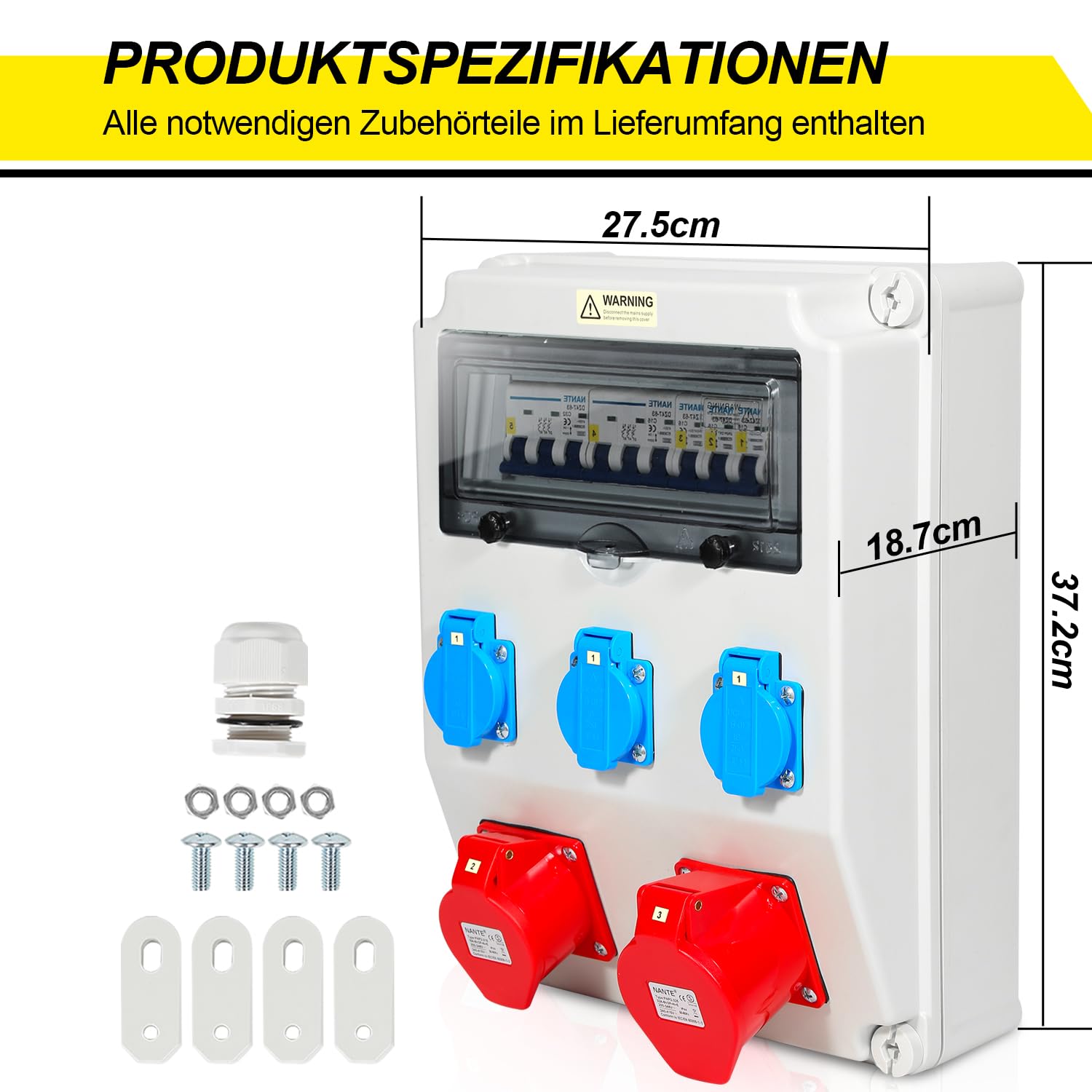 Distribuidor de obra 32A, Distribuidor de corriente 3x230V+1x16A+1x32A/400V CEE 5 polos, Dispensador de pared equipado con protección individual contra sobrecarga, Distribuidor de corriente