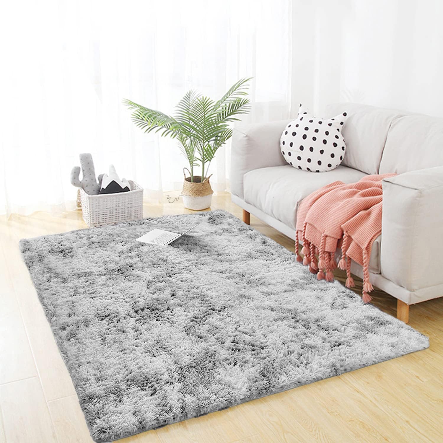 FlashLTD Fluffy Ultra Soft Shaggy Area Rugs for Bedroom Fluffy Carpet for Kids Room Bedside Nursery Mats (Grey White, 2' x 3')