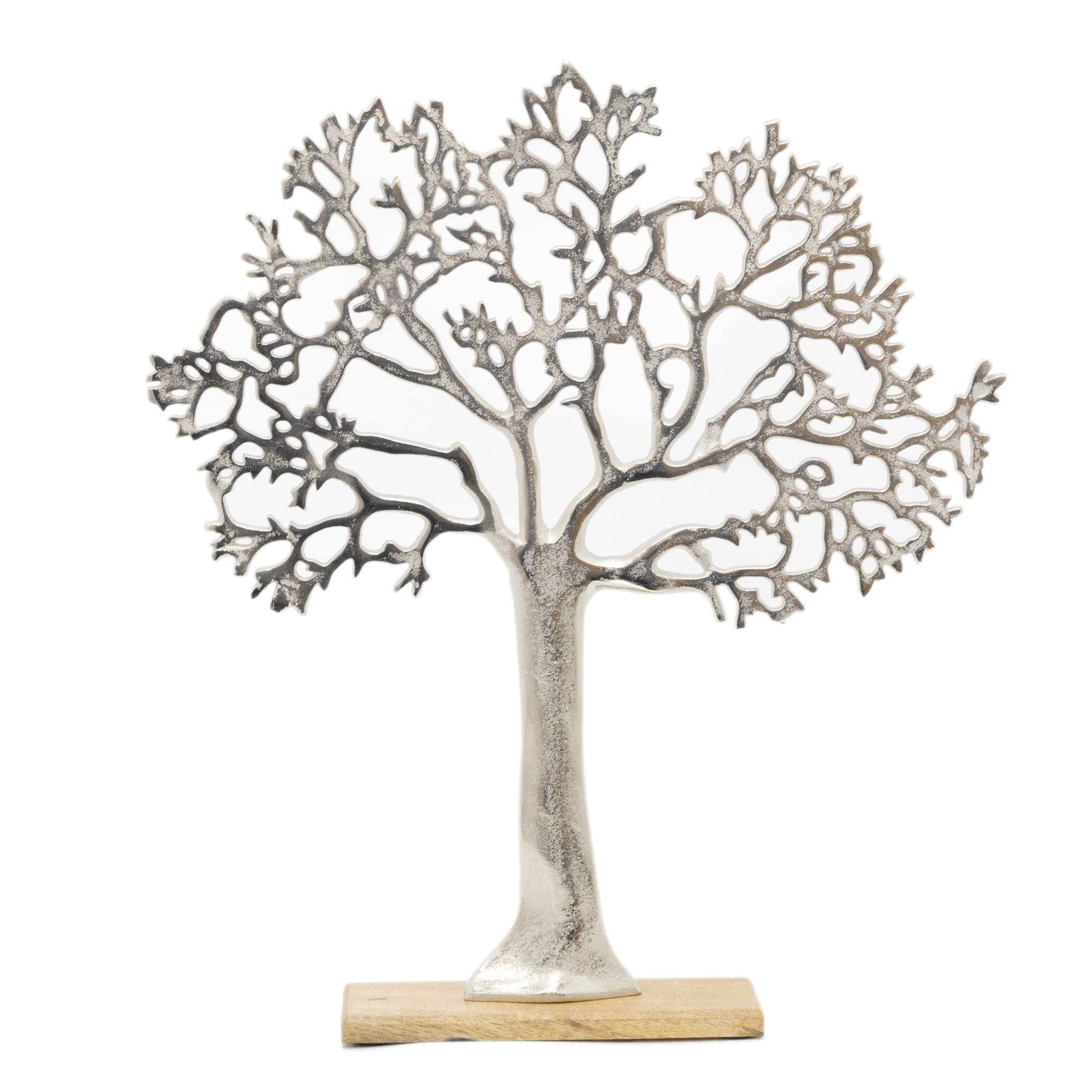63cm Elegant Aluminium Silver Tone Tree Of Life Sculpture On Mango Wood Base