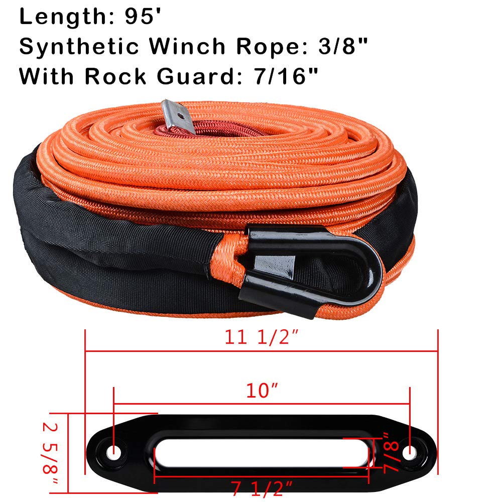 AMOPACORP Combo 95 feet x 3/8 inch Orange Synthetic Winch Rope WLL 22000lbs and Anodized Black 10 inch Hawse Fairlead Off-Road Recovery SUV Truck Trailer