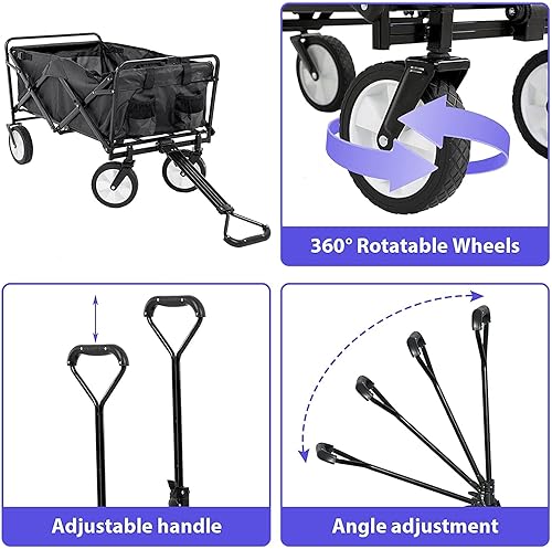 Miniatura 10 de Carrito plegable para exteriores con 4 ruedas todo terreno, carrito de uso al aire libre resistente, carrito de jardín plegable para jardín, vagón