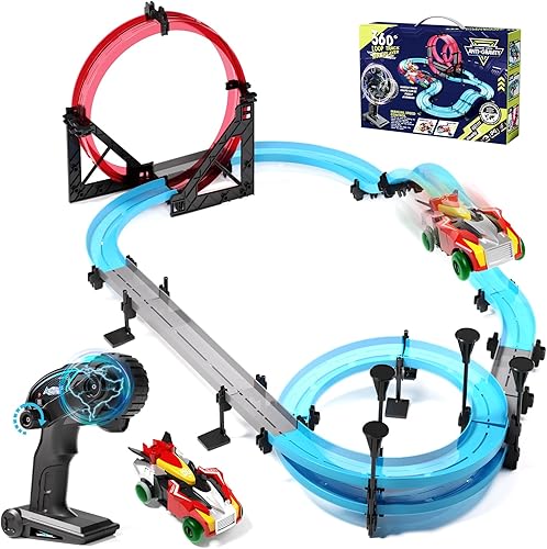 AIQI Juegos de pista de carreras de coches de ranura para niños, pista de paso elevado circular eléctrica de alta velocidad, juguete de control