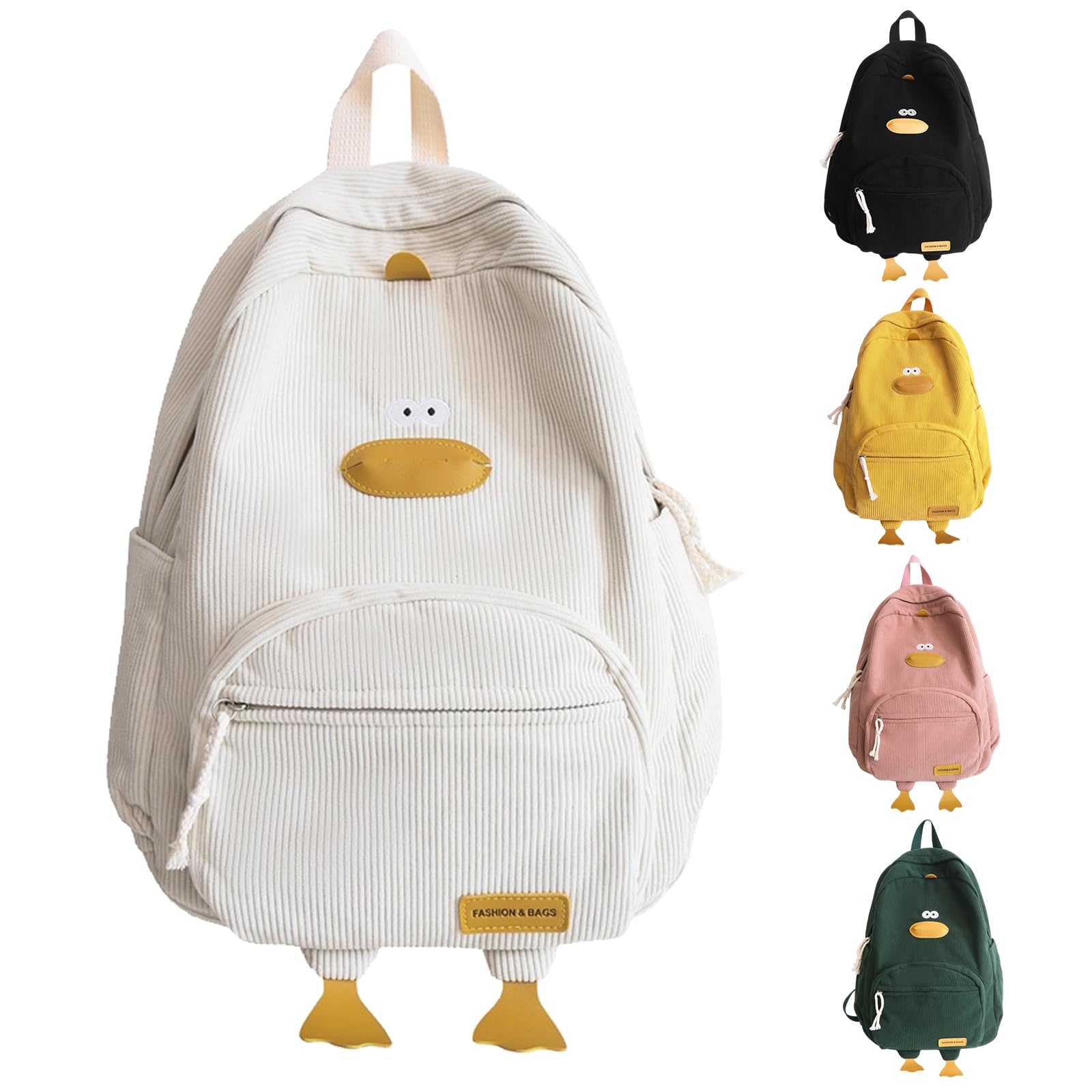 TJJIIDuck Cute Backpack, Large Capacity Cute Funny Aesthetic Kawaii Corduroy Mochila (White)