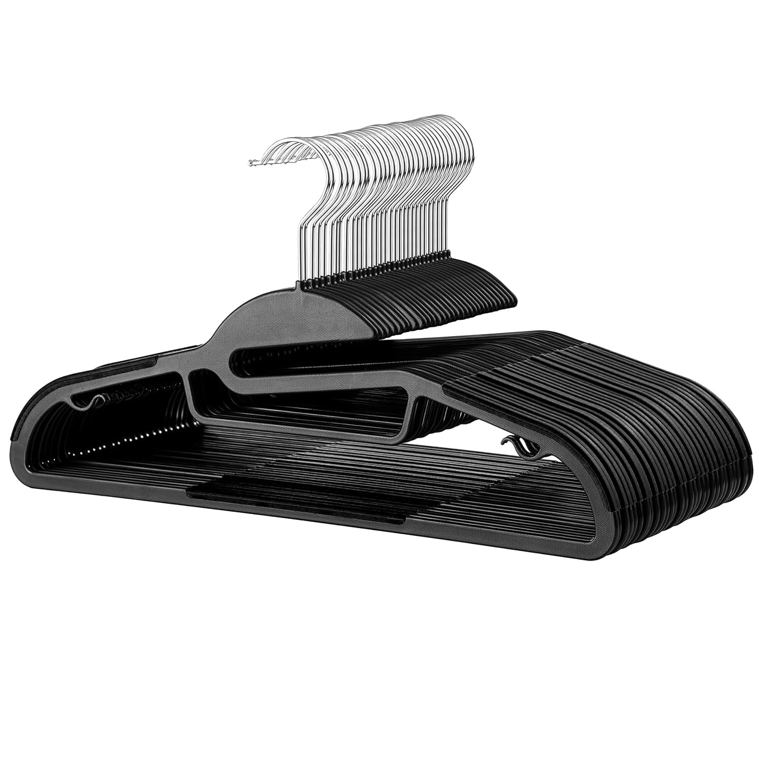 DrySmart Pack of 30 Heavy Duty Black Coat Hangers, 0.5cm Thick, S-Shaped Opening, Non-Slip Plastic Clothes Hanger Space Saving Slim Design, 360° Swivel Hook Durable Hangers for Clothes