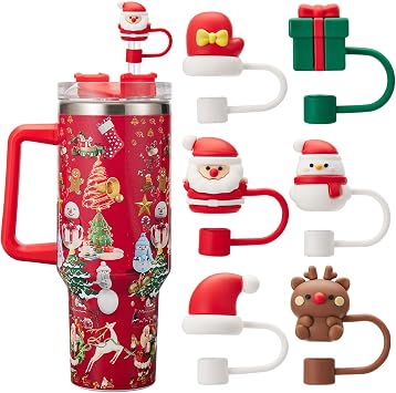 6PCS Christmas Straw Cover Cap for Stanley Cup, Silicone Straw Topper for Stanley 30&40 Oz Tumbler with Handle, 10mm Drinking Straw Tip Covers for Christmas Gifts. Color 1