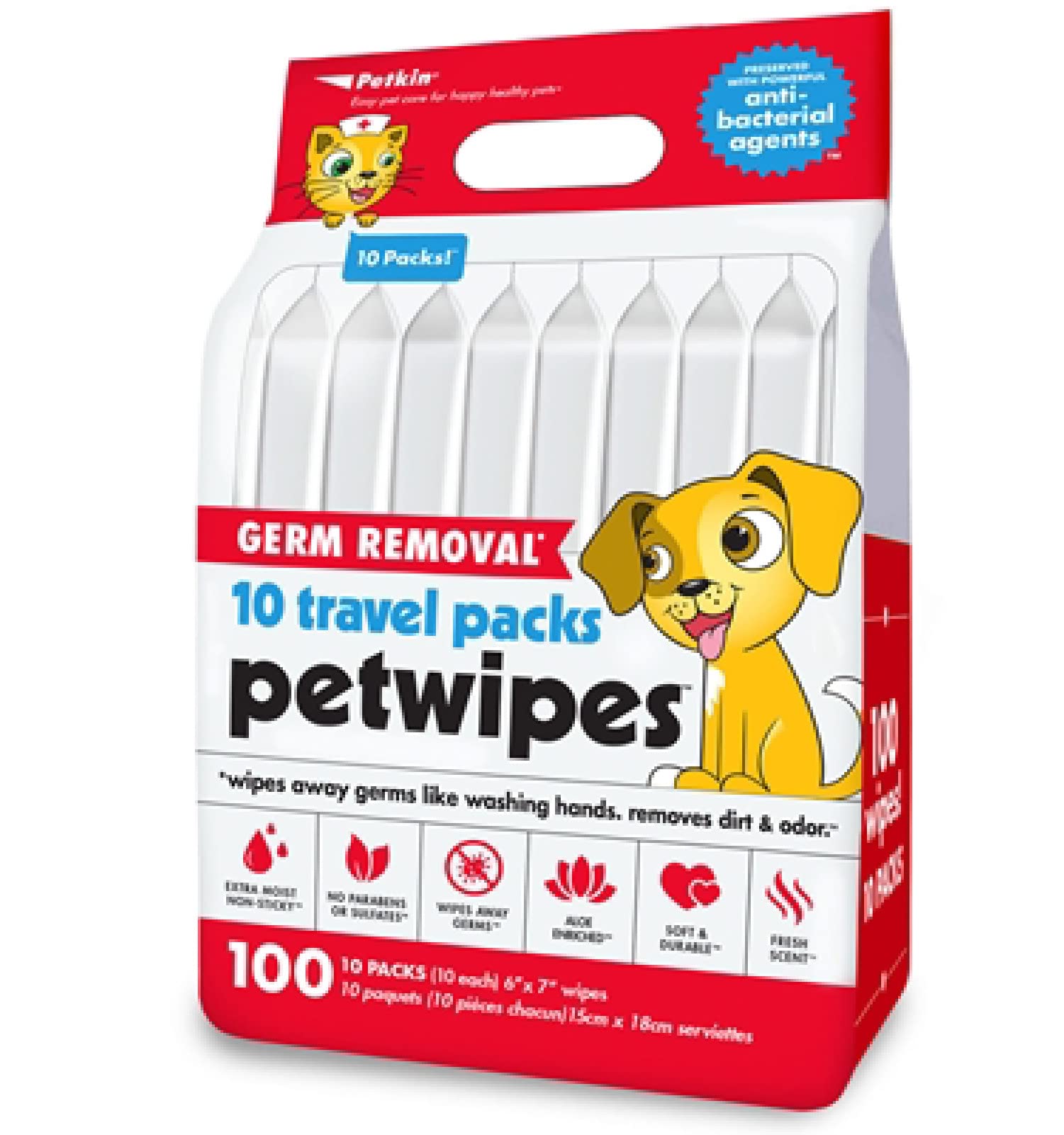 Petkin Travel Cat and Dog Grooming Wipes, 10 Packs of 100 Wipes - Perfect Small Packs of Wipes for Travel, Keep in Your Purse or Car - Gently Cleans The Face, Paws, Ear, and Eye Area (B0B3684MLL) Amazon Price History, Amazon Price Tracker