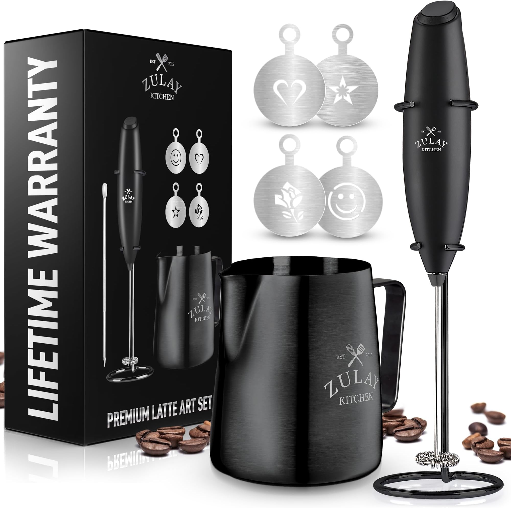 Zulay Kitchen Premium Gift Milk Frother Complete Set - Handheld Foam Maker, Stencils & Frothing Pitcher Set - Whisk Drink Mixer for Coffee - Mini Blender for Cappuccino, Frappe - Black