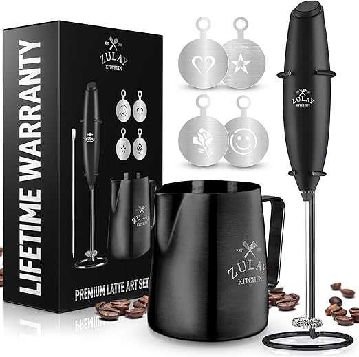 Zulay Kitchen Premium Gift Milk Frother Complete Set - Handheld Foam Maker, Stencils & Frothing Pitcher Set - Whisk Drink Mixer for Coffee - Mini Blender for Cappuccino, Frappe - Black