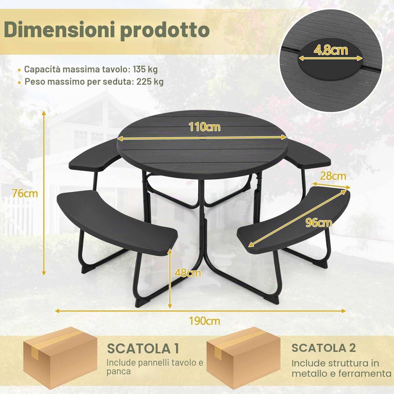 GIANTEX Set da Giardino e Picnic per 8 Persone, Tavolo Rotondo con 4 Panche Integrate, Tavolo da Birra in HDPE Impermeabile con Foro per Ombrellone, Arredamento da Esterno per Giardino e Terrazzo