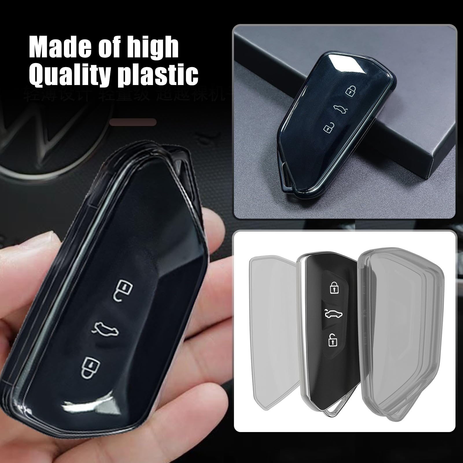 Etui na kluczyki samochodowe kompatybilne z VW Golf 8 z 3 przyciskami, do Skoda Octavia, do Seat Leon, miękkie etui ochronne z TPU odporne na zarysowania i wstrząsy (czarny przezroczysty)