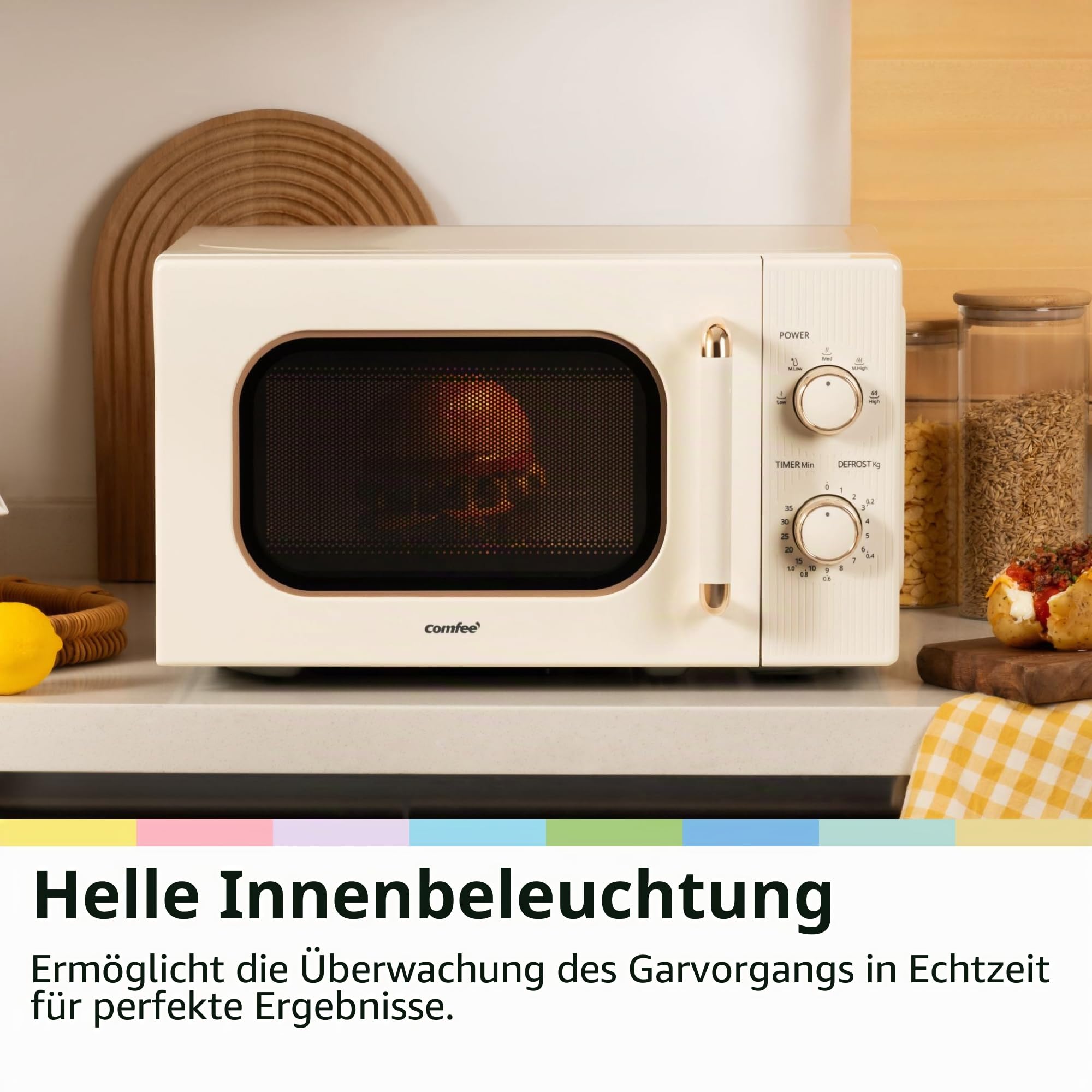 COMFEE CMO-M202NC(CM) Mikrowelle, Vintage, Retro, elegant, mit 5 Leistungsstufen, 700 W, 20 l, Timer verstellbar von 0 – 35 Minuten, einfache Bedienung, Innenbeleuchtung, Creme Aprikose