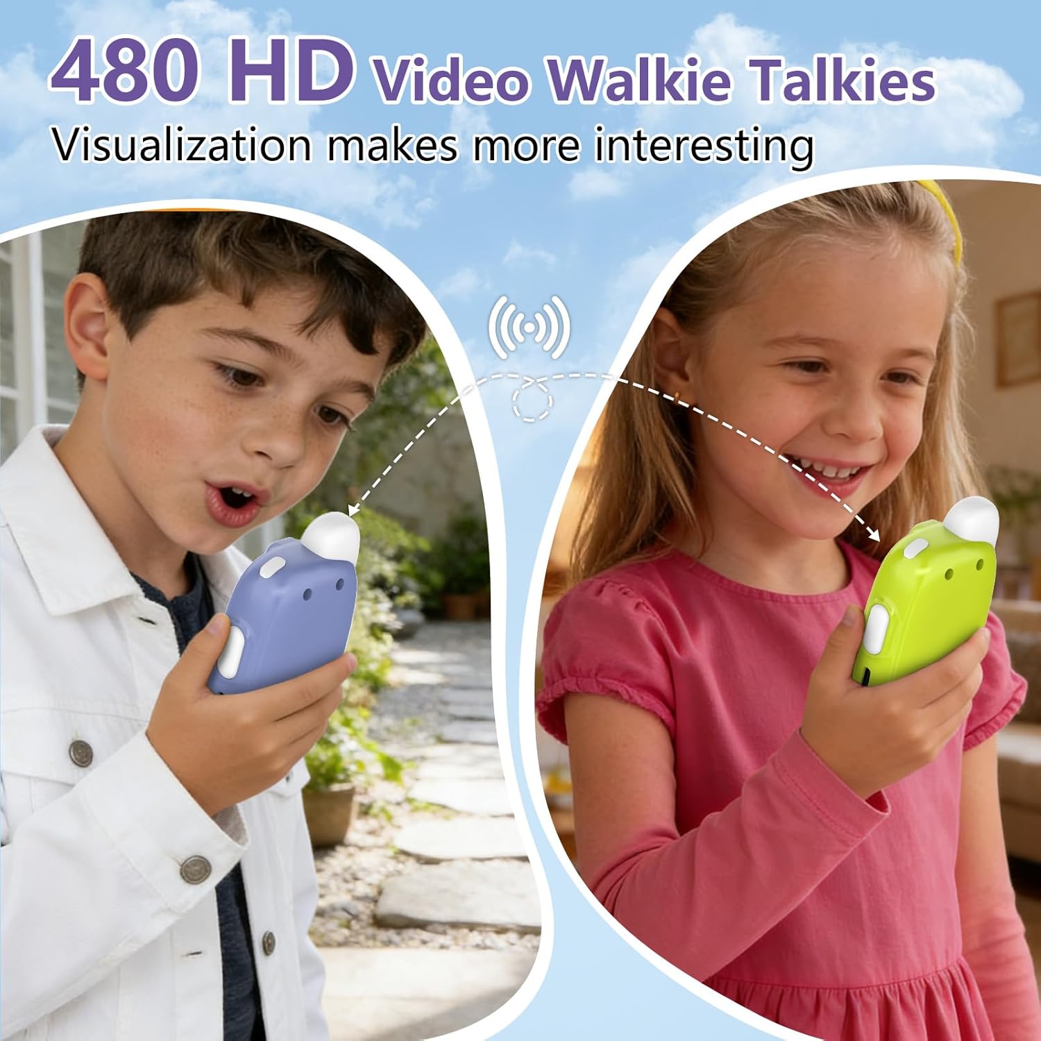 Video Walkie Talkies for Kids, 2 Pack Rechargeable Video Walkie Talkies, HD Camera, Voice Changer, for Family Fun Camping and Travel, Ages 3-12, Green and Purple