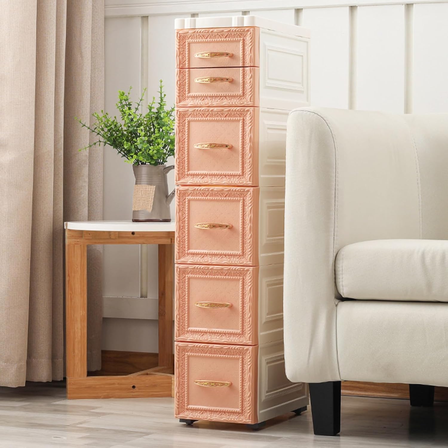 6 Drawers Narrow Storage Cabinet with Wheels,Slim Floor Cabinets,Rolling Organizer Cart for Small Spaces,Pink