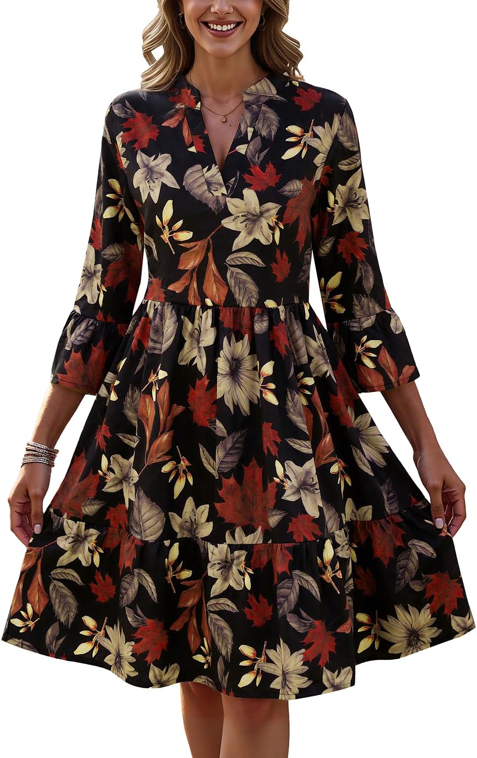 HOMEYEE Women's Boho Floral V-Neck Sundress Ruffle 3/4 Sleeve Tiered Mini Dress Vacation Casual 2026