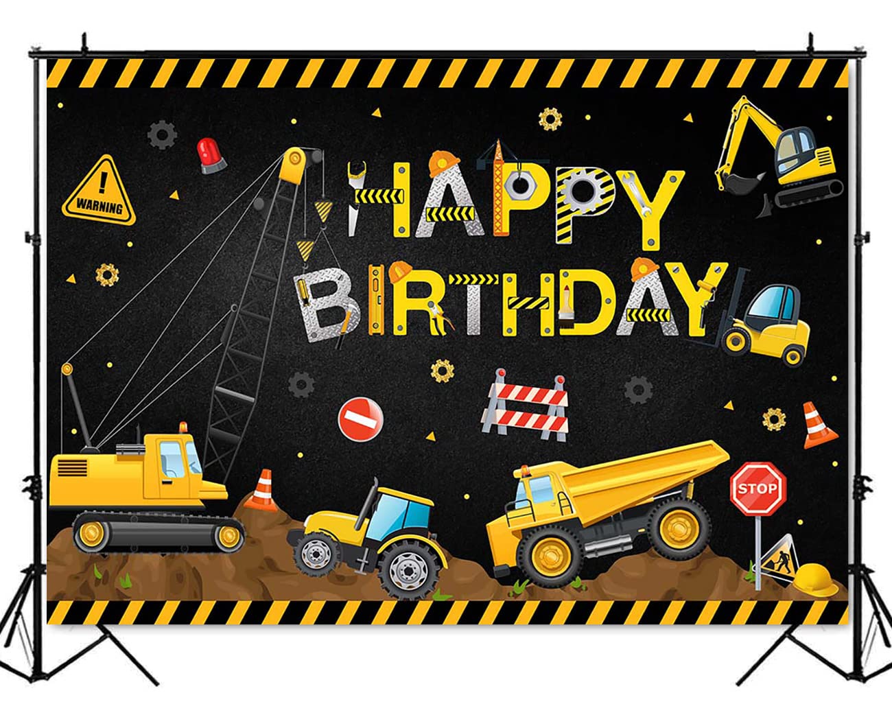AIBIIN Construction Birthday Backdrop Banner - 7x5ft Excavator Truck Photo Background For Party Decor