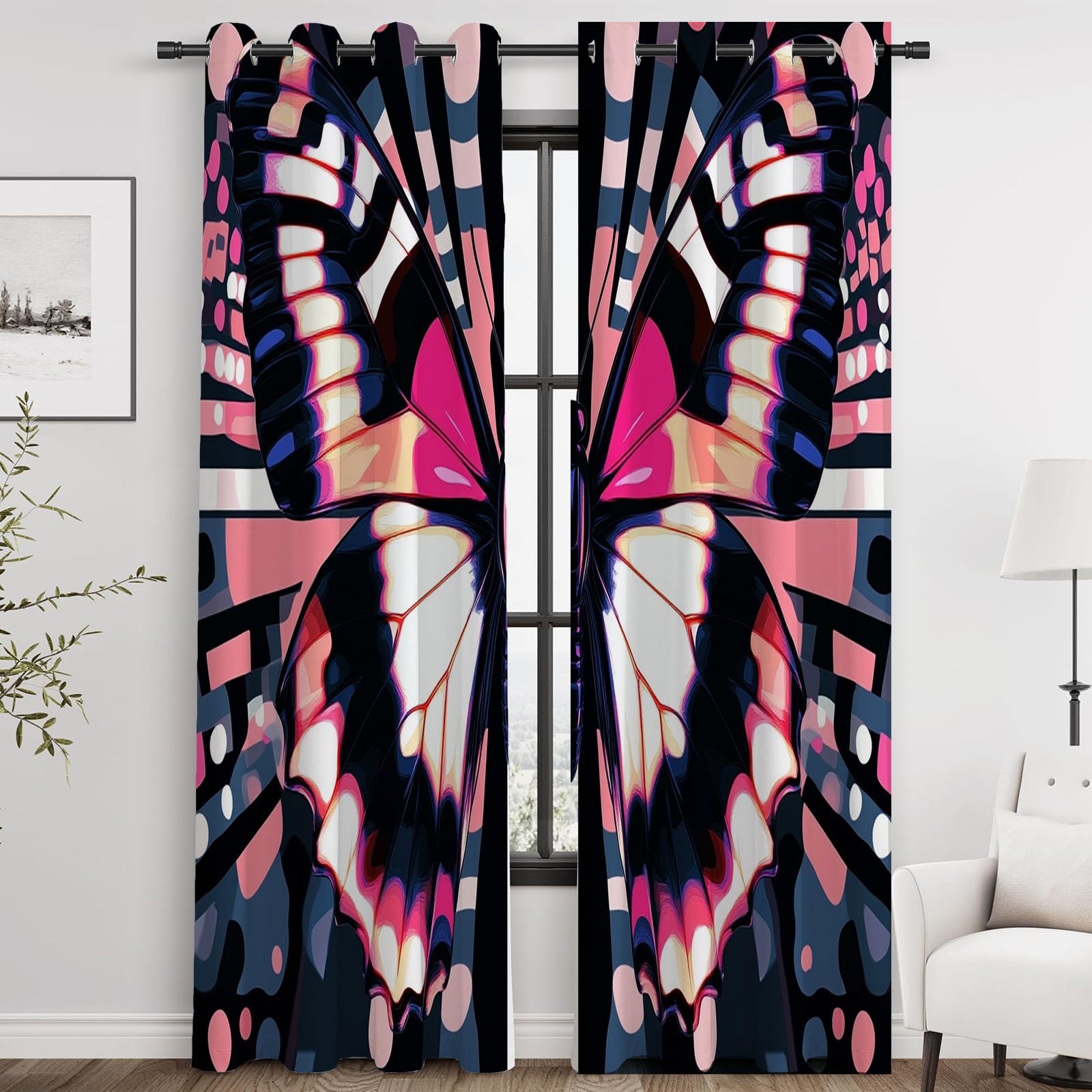 Modern Abstrakt Geometrie Vorhänge Pop rosa schwarz symmetrische Schmetterlinge modisch Schlafzimmer Fenstervorhang-H230 x B130 cm (2er Pack)