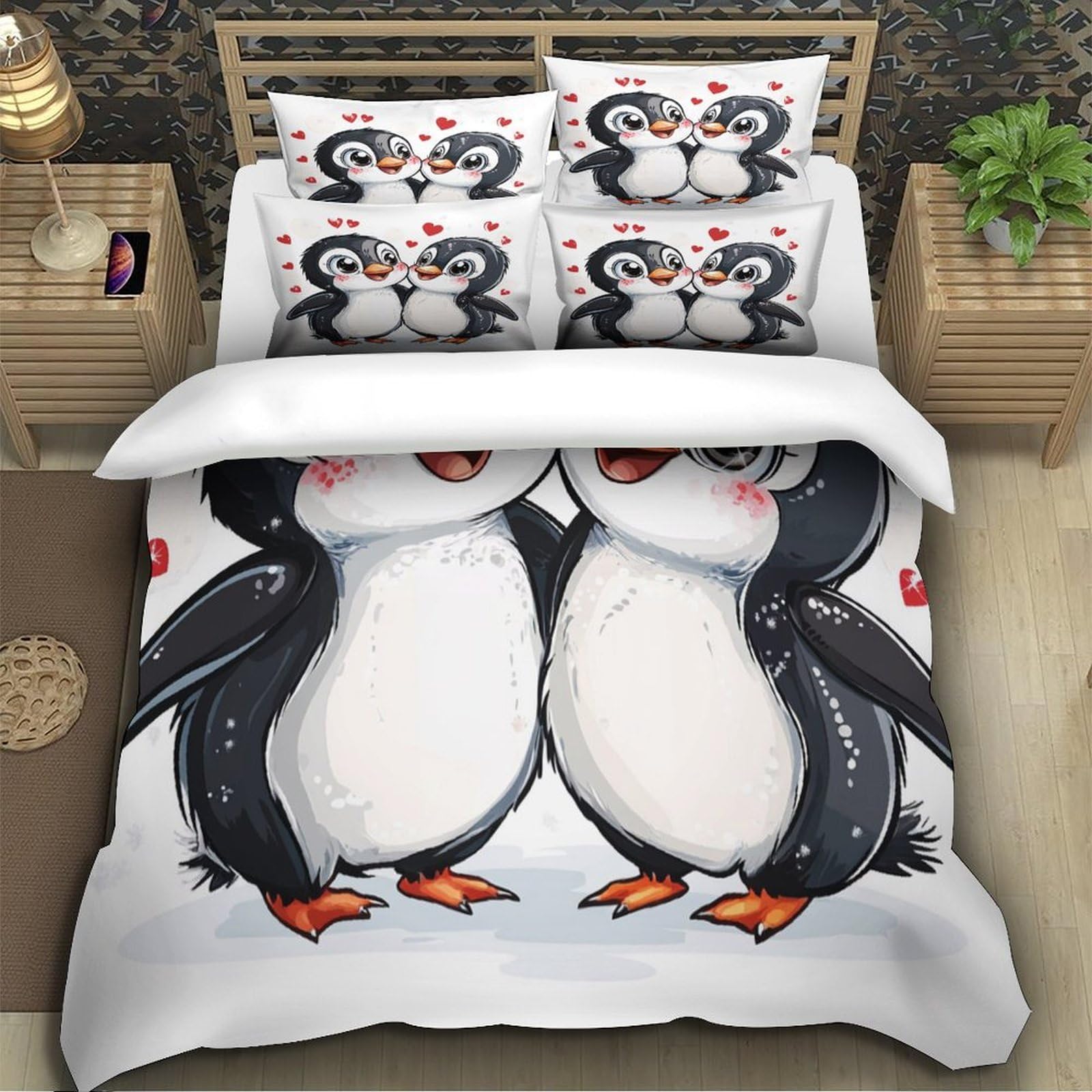 Niedliches Pärchen 3D Druck Bettbezug Mikrofaser Weiches Schlafzimmer Cartoon Pinguin Bettwäsche Set für Erwachsene Dekor Super King（260x220cm）