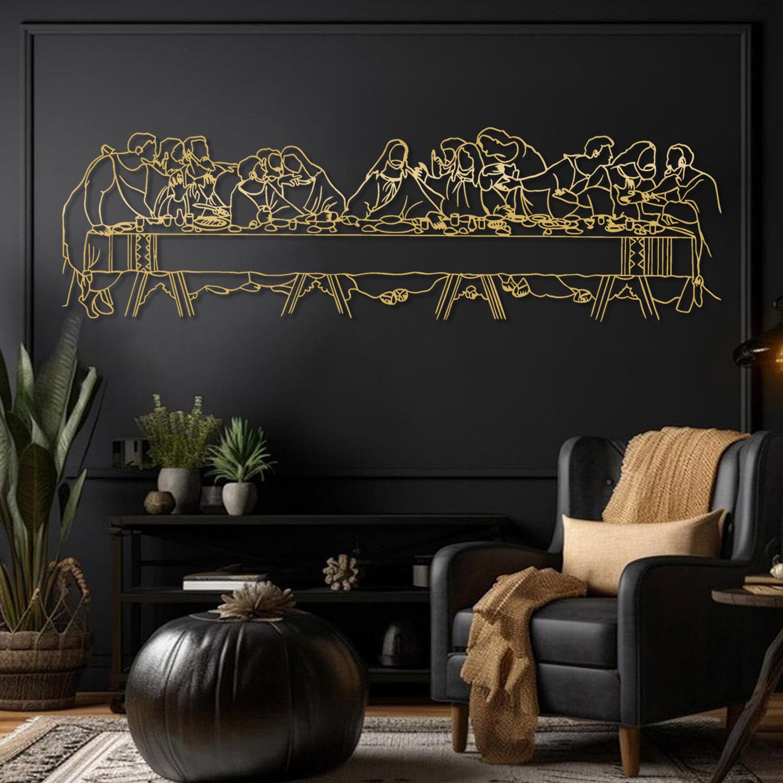 Last Supper Metal Wall Art, Christian Metal Wall Art, Jesus Line Art, Religious Art Wall Decor, Leonardo Da Vinci Artwork, Christian Home Decor for Dinning Room Living Room, Gift for Christian (14"x48"|36x121cm, Gold)