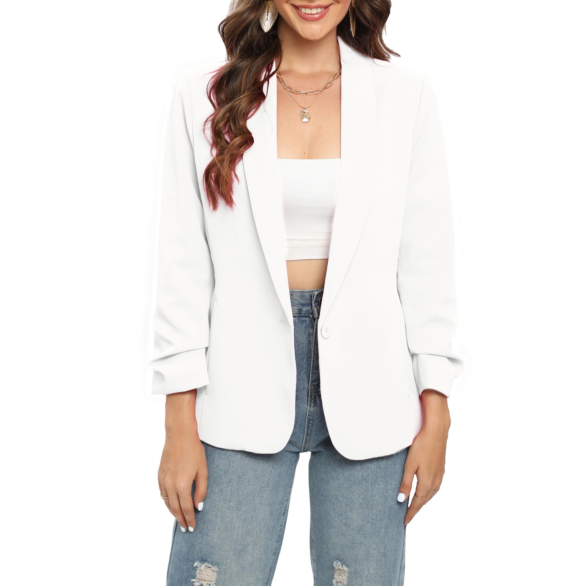 TRNY Blazer da donna con maniche arricciate, scialle con risvolto, giacche con tasche, per lavoro, casual e ufficio