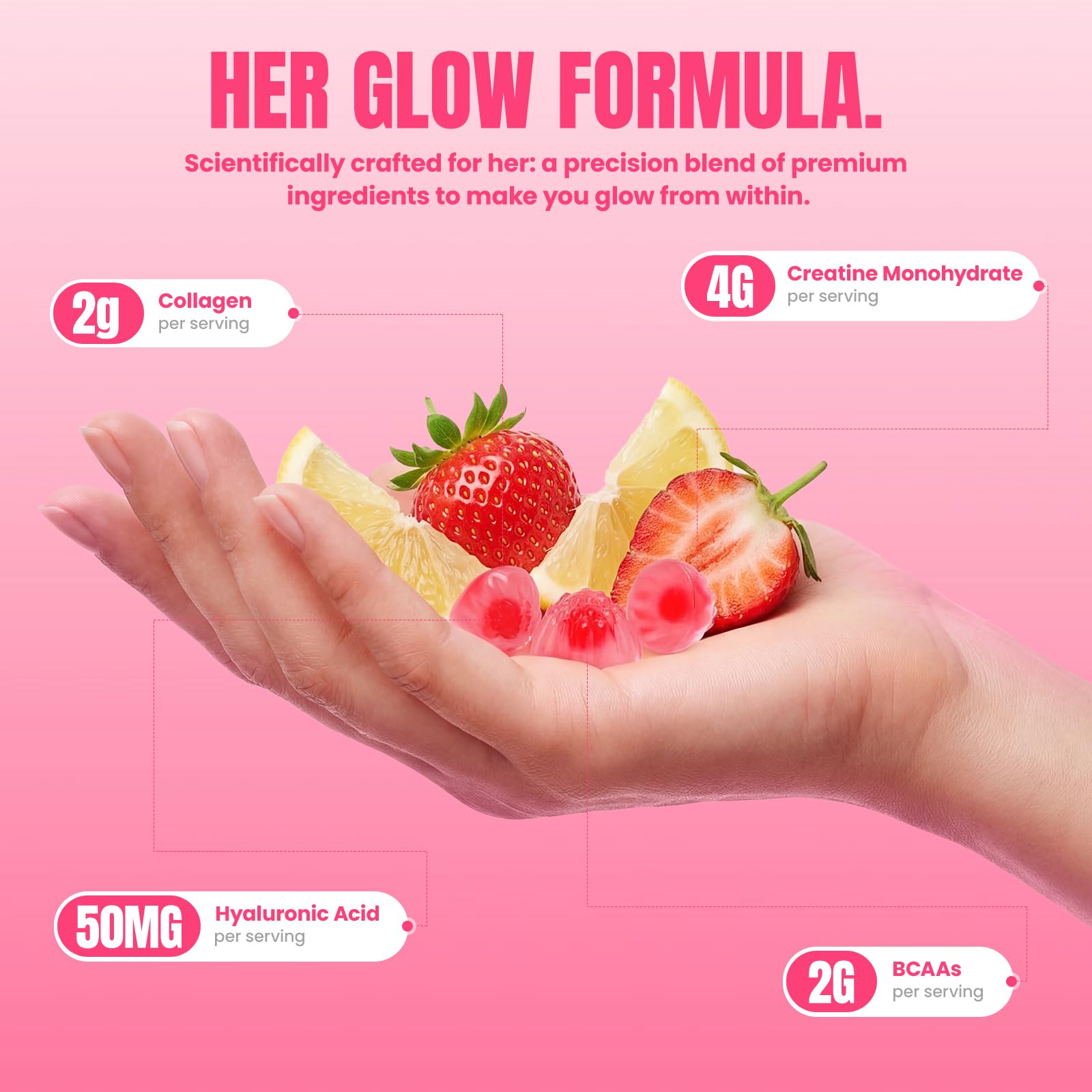 Creatine Gummies for Women, 8000 MG Complex with Collagen + BCAAs + Vitamin C & B12, Creatine Monohydrate Gummies for Women, for Booty, Energy & Strength, Sugar Free 120 Count Strawberry-Lemon Flavor - 3