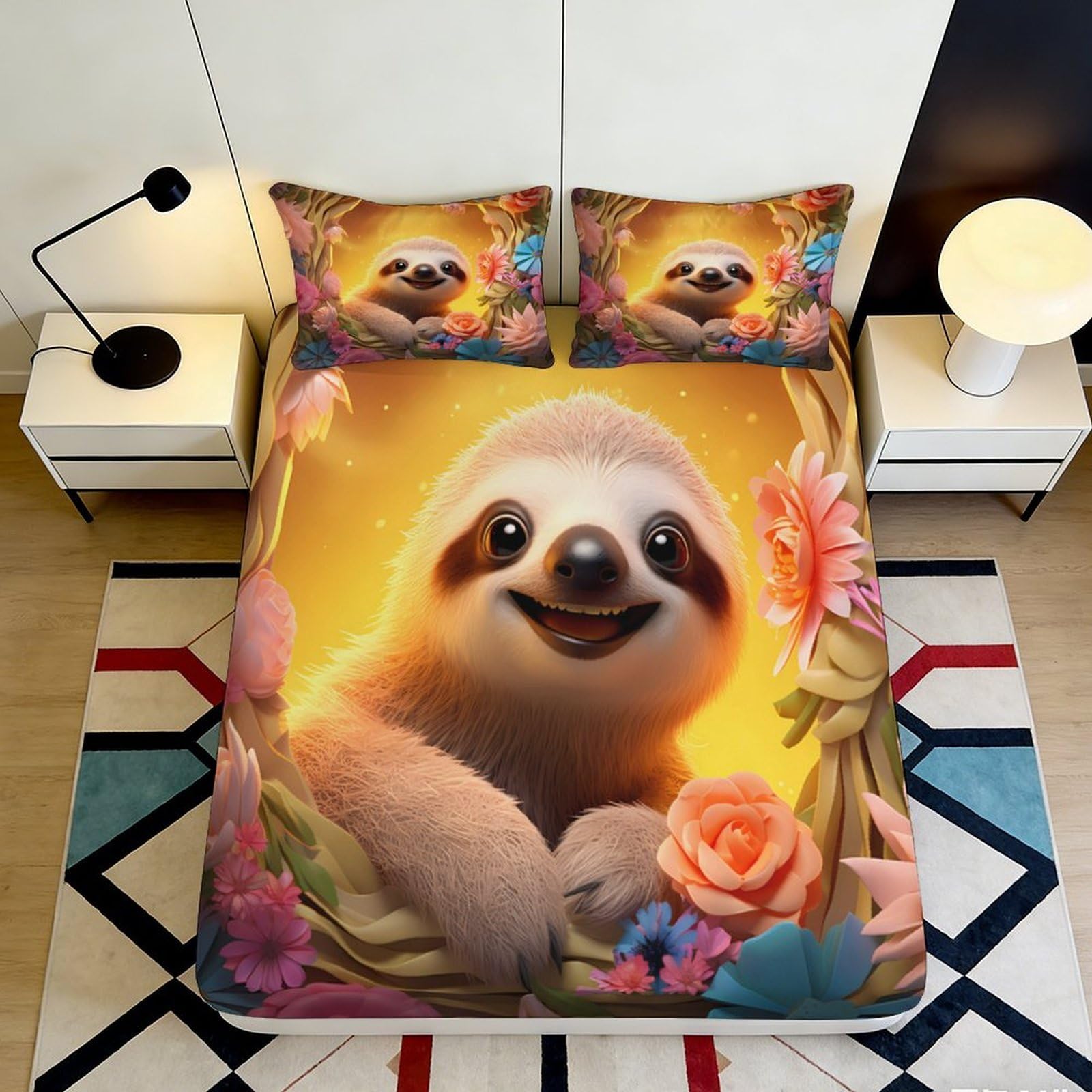 3D Printed Cartoon Sloth Fitted Sheet Microfiber Non-Slip Deep Pocket Bedroom Bedding Sloth Mattress Fitted Cover Full Wrap Washable for Adults Teens 90x200x25cm