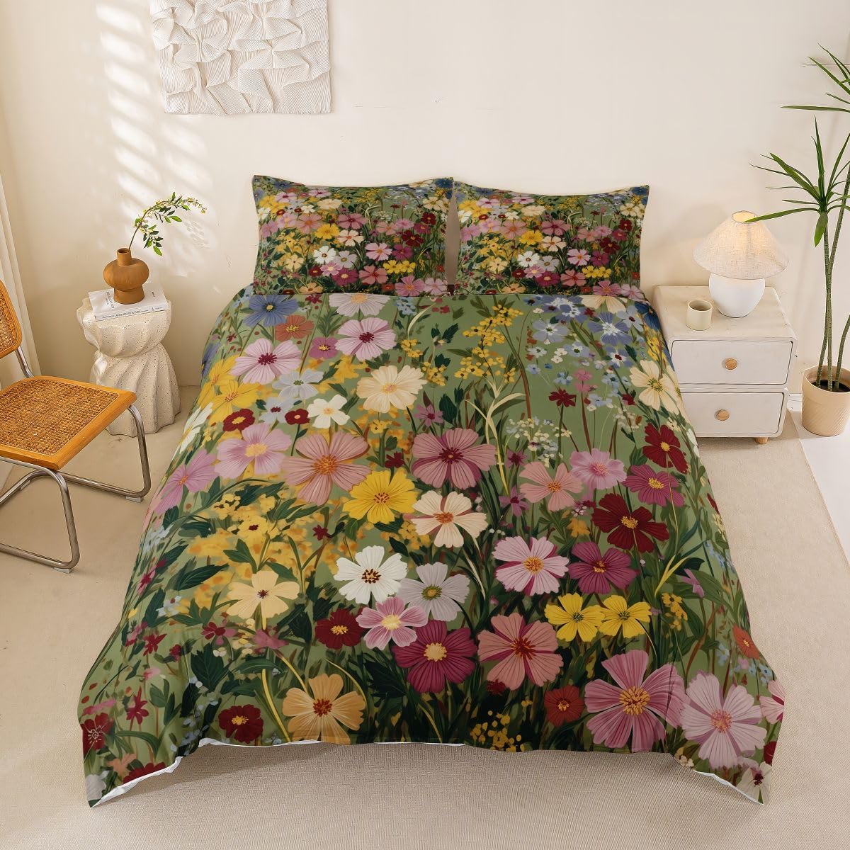 Watercolor Flowers Duvet Cover Set,Vintage Floral Comforter Cover Toddler Size Rustic Farmhouse Nature 2 Pcs Bedding Set with Zipper Ties for Kids Boys Girls Bedroom Decor(No Comforter),Colorful
