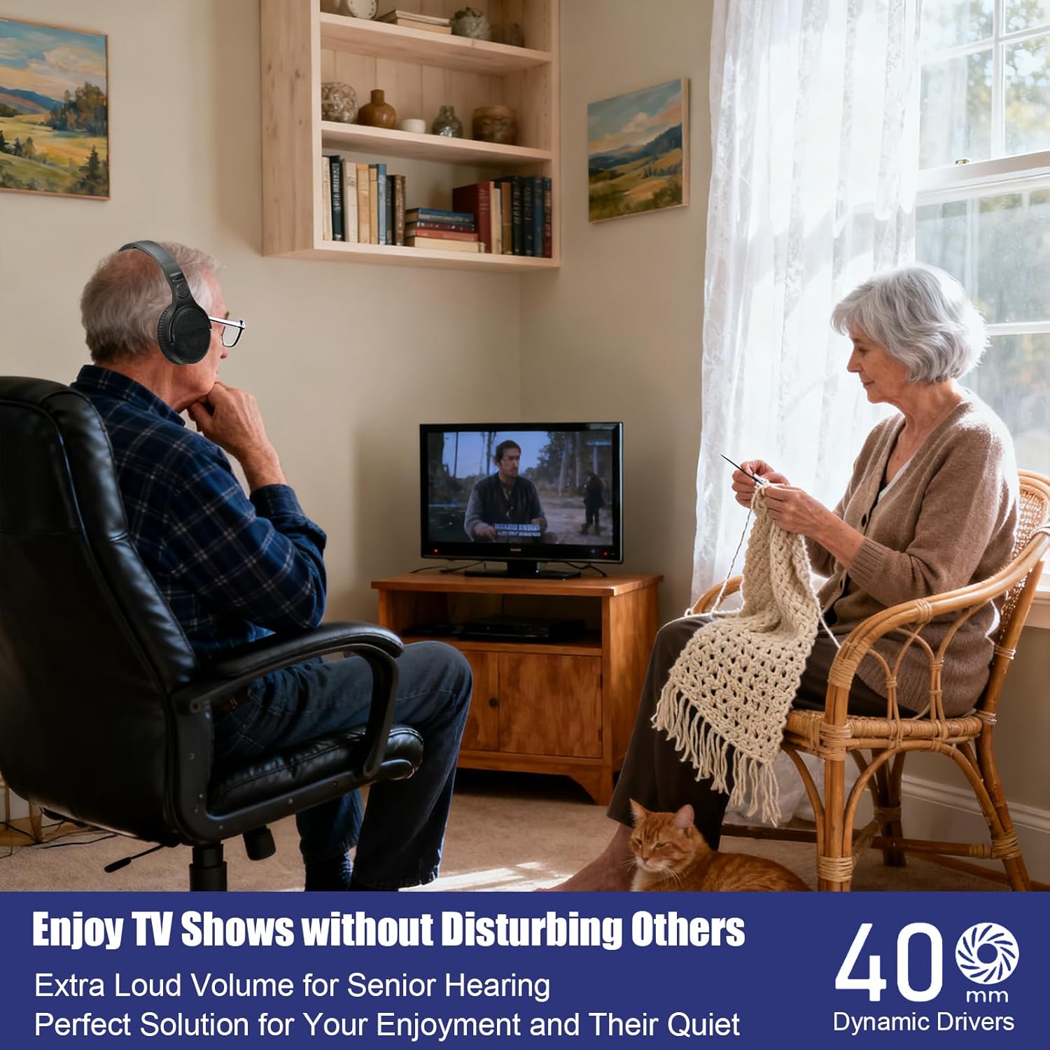 Wireless TV Headphones for Seniors with Large Buttons, 2.4G RF Transmitter Charging Dock, Support Digital Optical/RCA/AUX Output, Bluetooth Over-Ear Headset with 3EQ Modes, 100ft Range No Audio Delay - Image 6