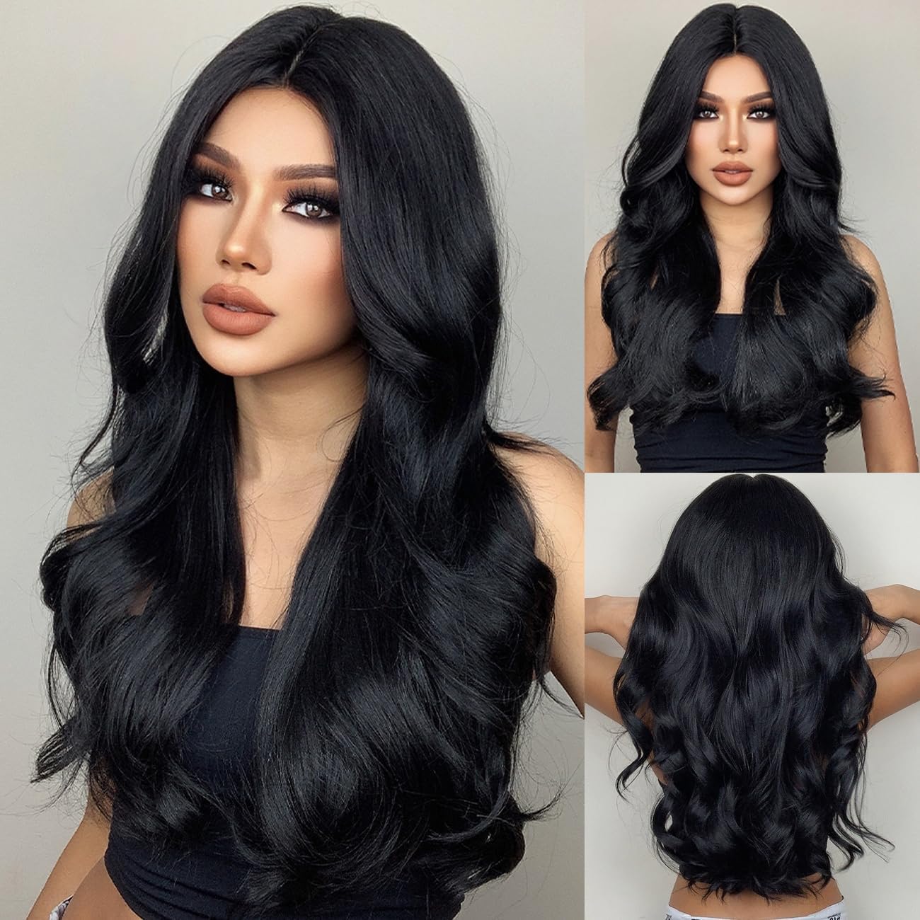Black Color Long Curly and Wavy Hair Wig, Centre Parting, Women’s Wigs, 26 Inches Long Wigs for Women, Natural Looking Synthetic Wigs + 02 Wig Cap Free (Black)