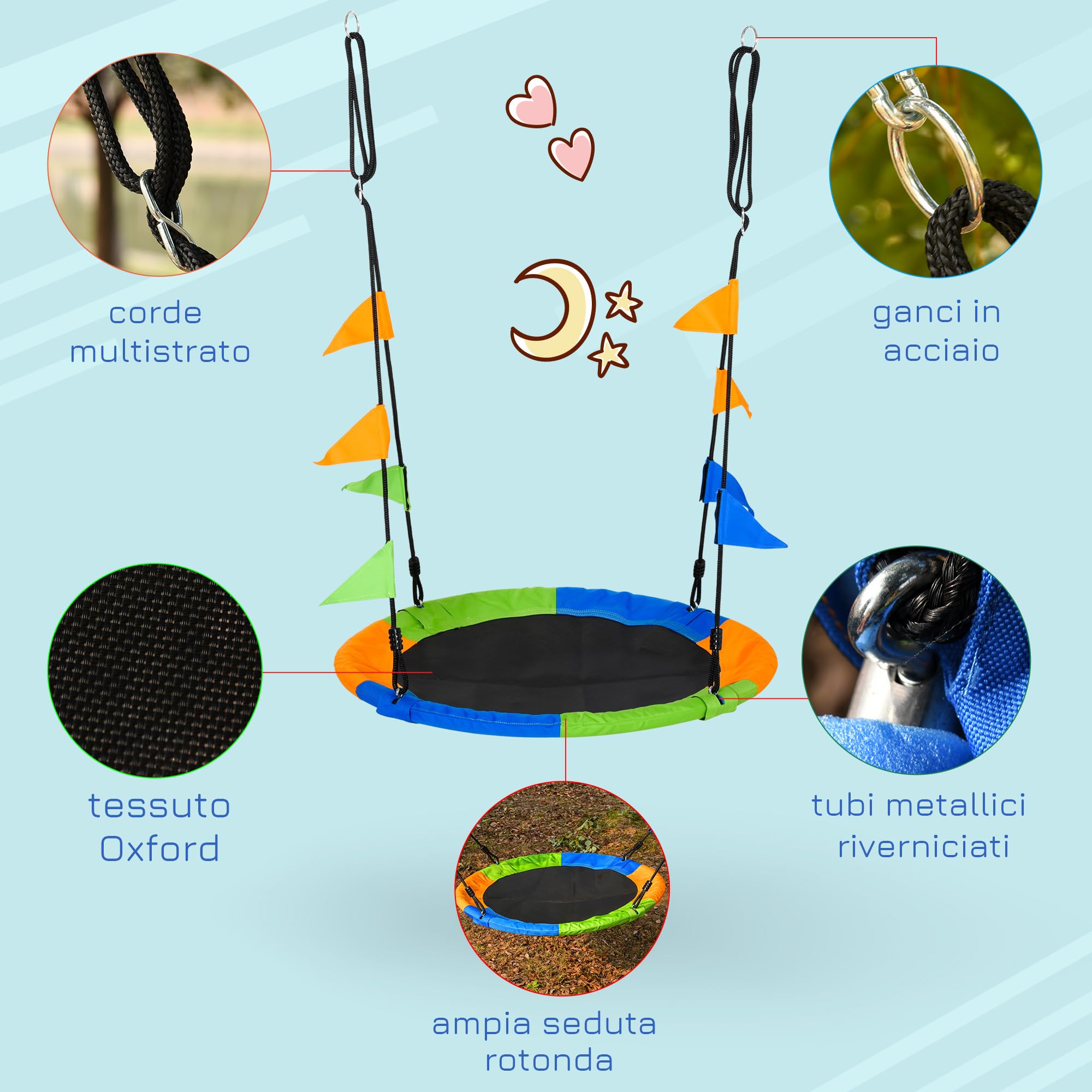 Outsunny Altalena Rotonda a Nido per Bambini 3+ Anni Φ100 cm Multicolore | Altalena da Giardino per Bambini, Regolabile 120-180 cm, per Esterni e Interni, Carico Massimo 80 kg