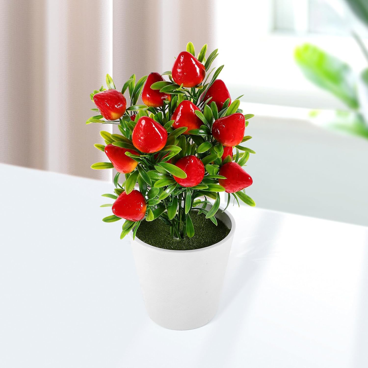 TIDTALEO Realistic Strawberry Faux Bonsai with Pot, Potted Fake Fruit Branch for Home and Office Table Decor, Desktop Artificial Strawberry Branch Ornament for Wedding and Photography